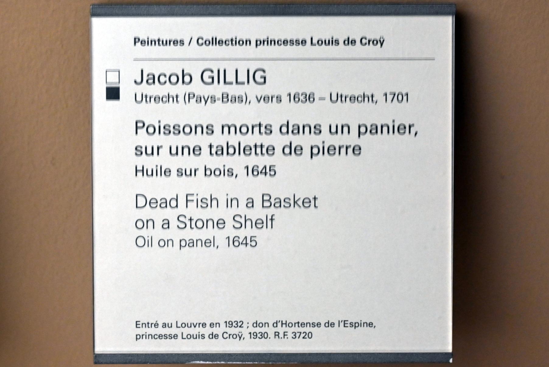 Jakob Gillig (1645), Aus einem Korb auf einem Steinregal überquellender toter Fisch, Paris, Musée du Louvre, Saal 902, 1645, Bild 2/2