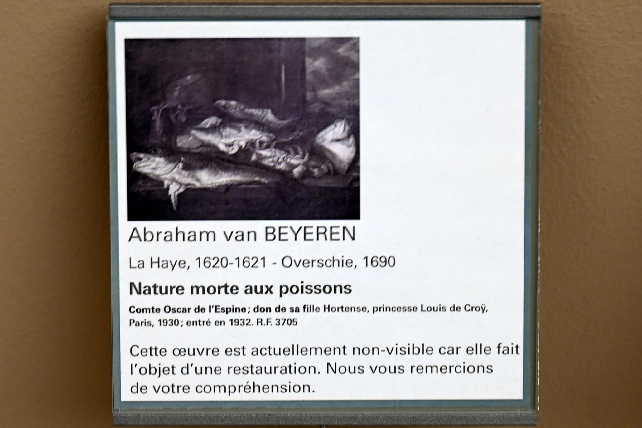Abraham van Beyeren (1644–1653), Stillleben mit Fischen, im Hintergrund Meer und Fischer, Paris, Musée du Louvre, Saal 902, Undatiert