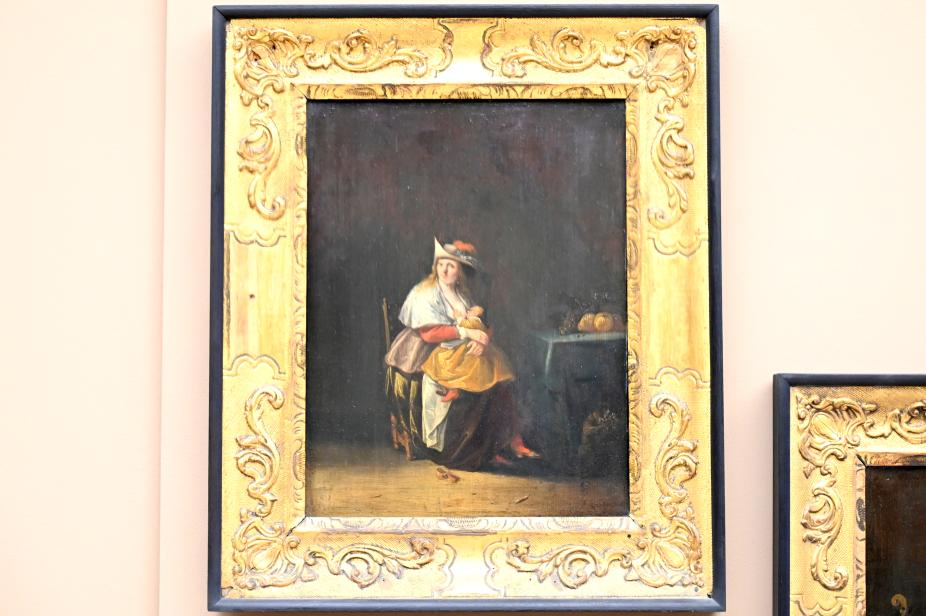 Anthonie Palamedesz. (1635–1665), Der Geschmack: Frau stillt ein Kind und Affe isst Obst, Paris, Musée du Louvre, Saal 902, um 1630–1640