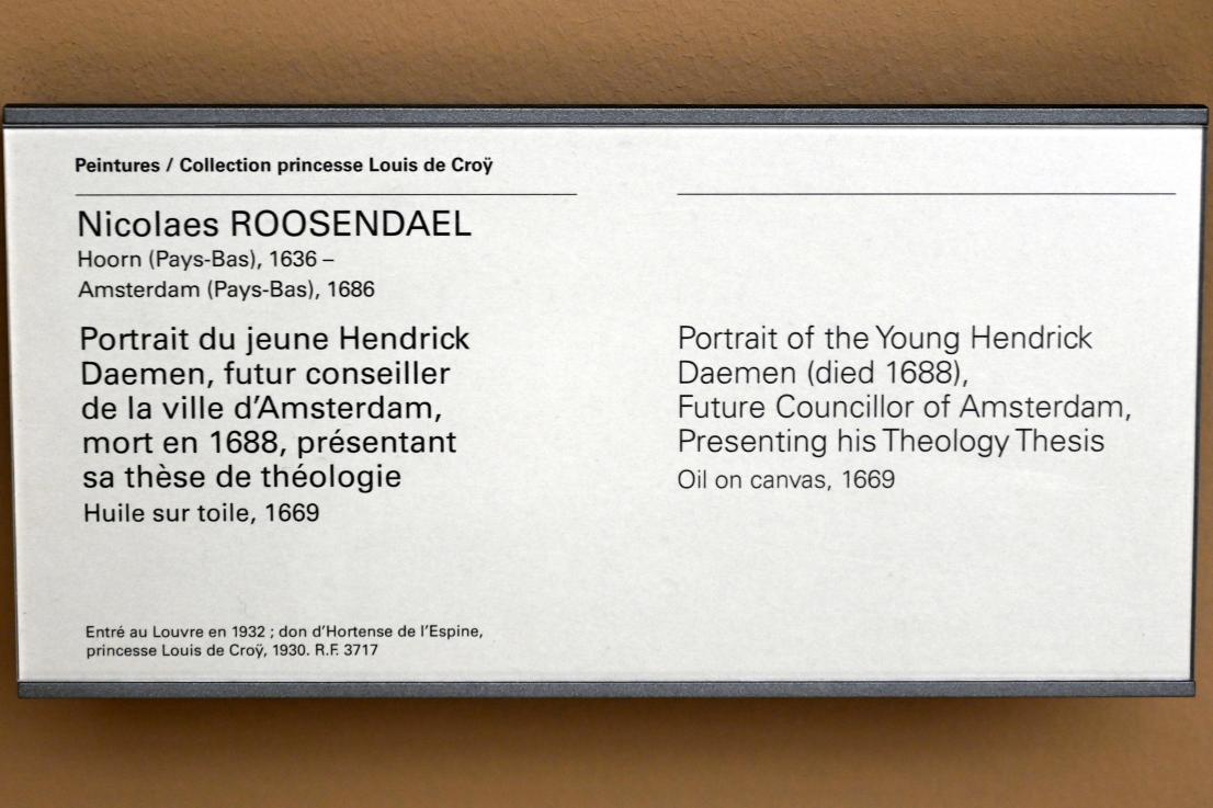 Nicolaas Roosendael (1669), Porträt des jungen Hendrick Daemen, der Baron Ferdinand de Fürstenberg (1626-1683), Bischof von Paderborn und Koadjutor des Bischofs von Münster (Westfalen), seine theologische Dissertation vorlegt, Paris, Musée du Louvre, Saal 902, 1669, Bild 2/2