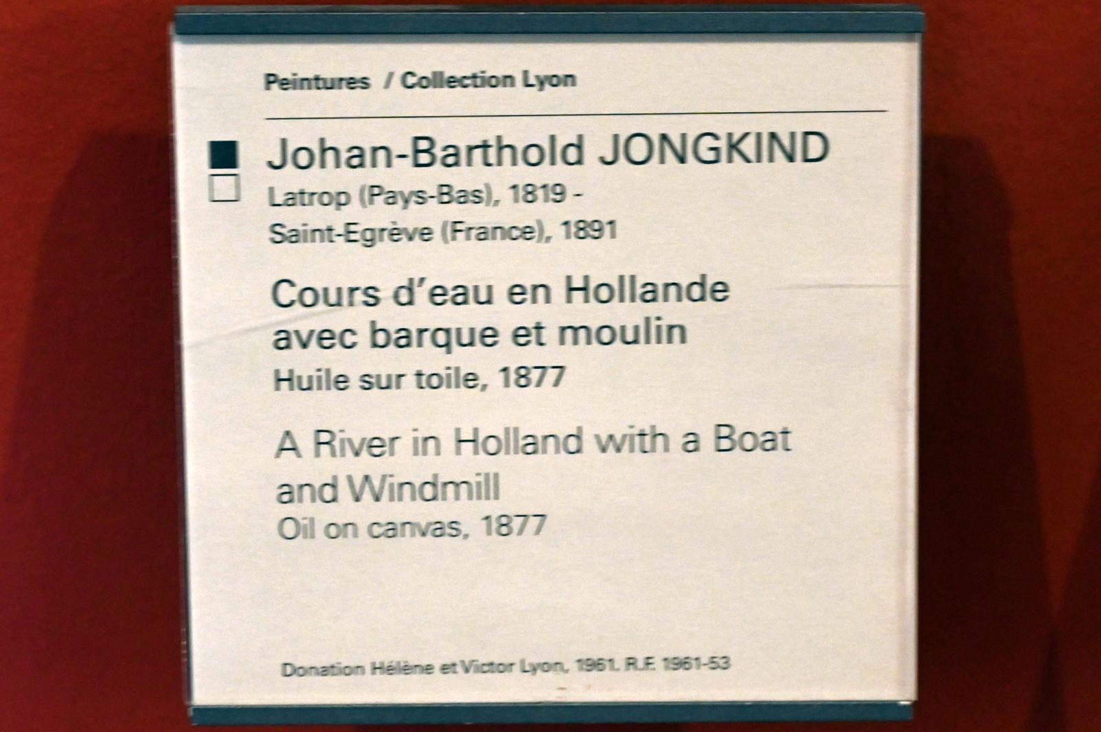 Johan Barthold Jongkind (1854–1877), Holländischer Fluss mit Boot und Windmühle, Paris, Musée du Louvre, Saal 903, 1877, Bild 2/2