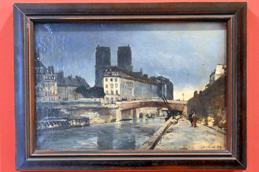 Johan Barthold Jongkind (1854–1877), Notre-Dame de Paris vom Quai Saint-Michel aus gesehen mit dem Petit Pont, Paris, Musée du Louvre, Saal 903, 1854