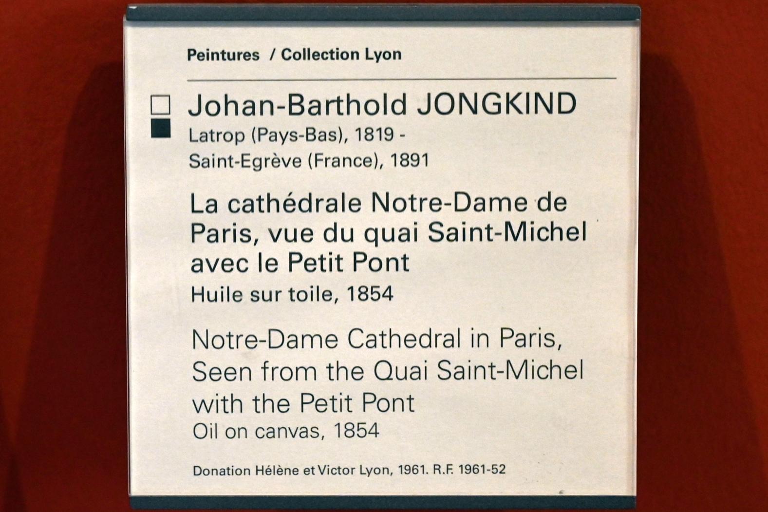 Johan Barthold Jongkind (1854–1877), Notre-Dame de Paris vom Quai Saint-Michel aus gesehen mit dem Petit Pont, Paris, Musée du Louvre, Saal 903, 1854, Bild 2/2