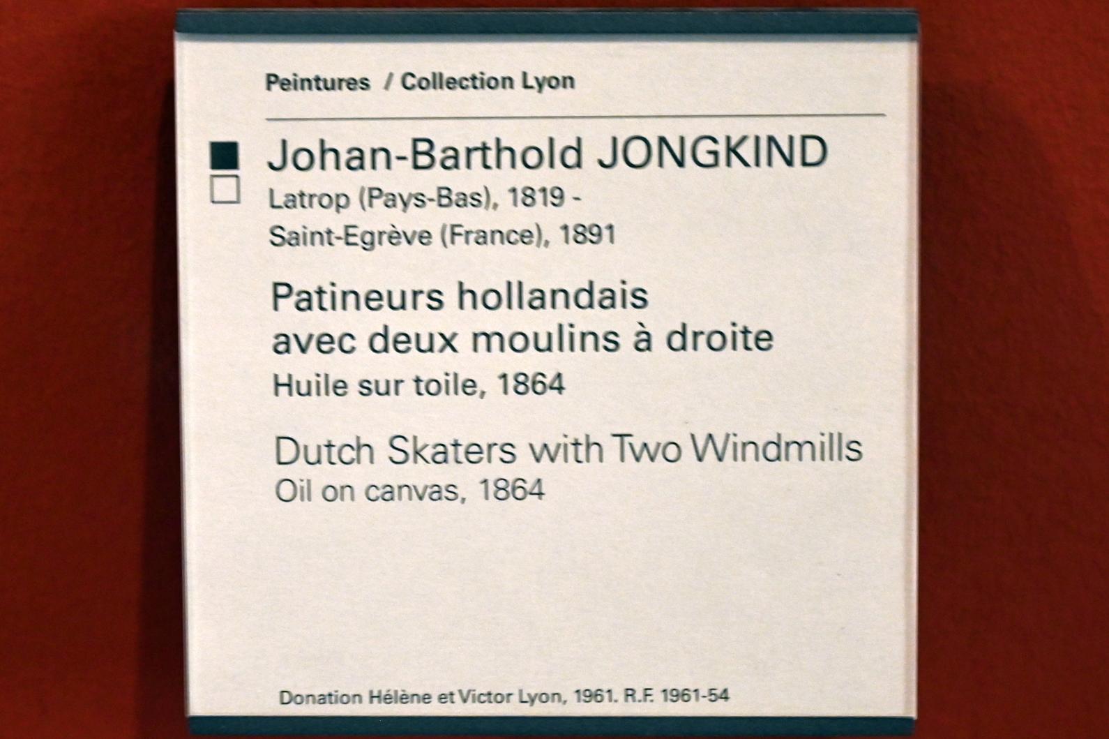 Johan Barthold Jongkind (1854–1877), Holländische Schlittschuhläufer und zwei Windmühlen, Paris, Musée du Louvre, Saal 903, 1864, Bild 2/2