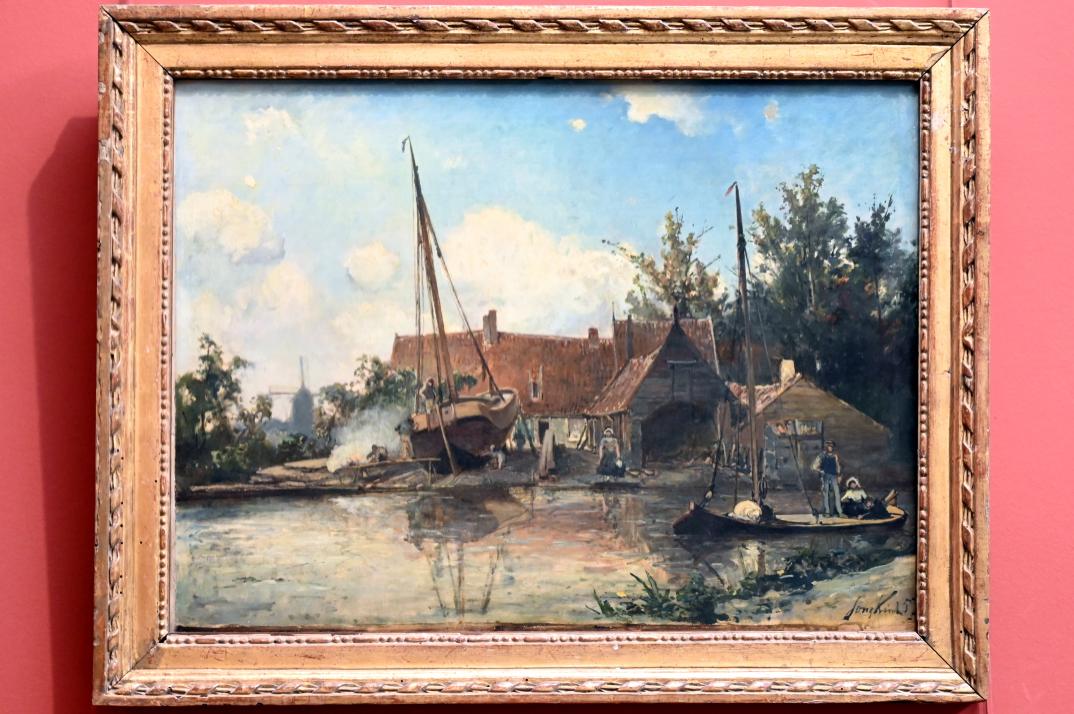 Johan Barthold Jongkind (1854–1877), Bootsausbesserungswerkstatt an einer holländischen Wasserstraße, Paris, Musée du Louvre, Saal 903, 1857