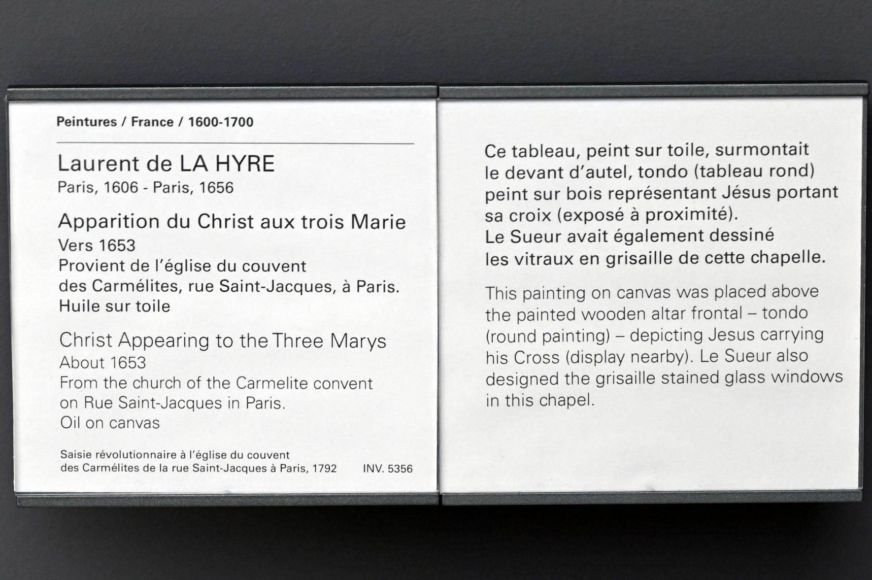 Laurent de La Hyre (1625–1653), Christus erscheint den drei Marien, Paris, ehem. Kloster der Karmelitinnen vom Vorort Saint-Jacques, jetzt Paris, Musée du Louvre, Saal 908, um 1653, Bild 2/2