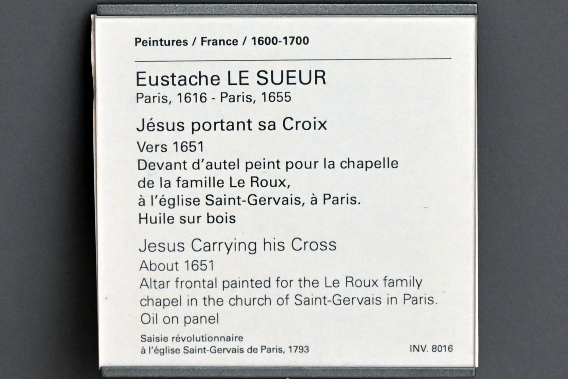 Eustache Le Sueur (1640–1654), Kreuztragung Christi, Paris, Kirche St-Gervais-St-Protais, jetzt Paris, Musée du Louvre, Saal 908, um 1651, Bild 2/2