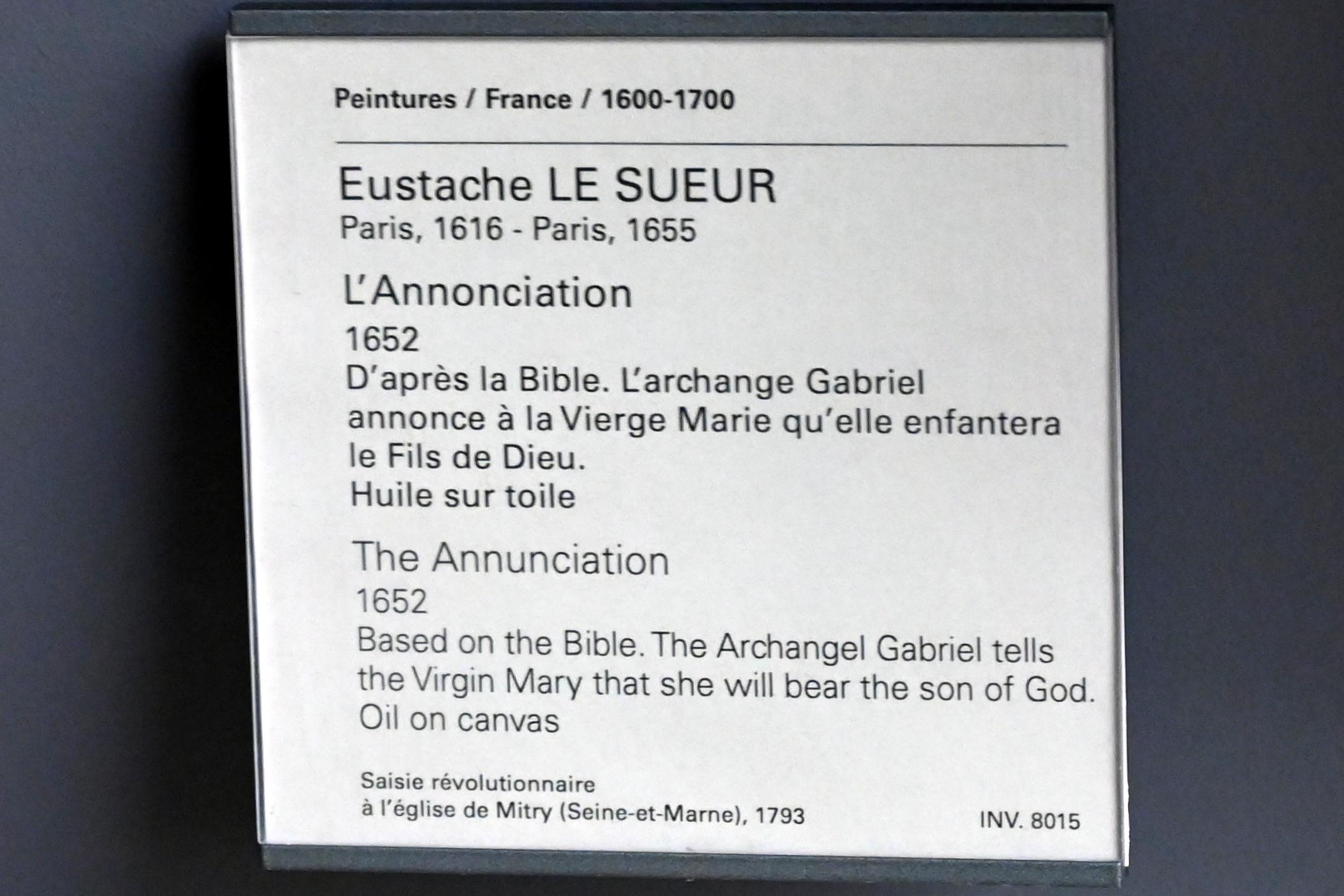 Eustache Le Sueur (1640–1654), Mariä Verkündigung, Paris, Musée du Louvre, Saal 908, 1652, Bild 2/2