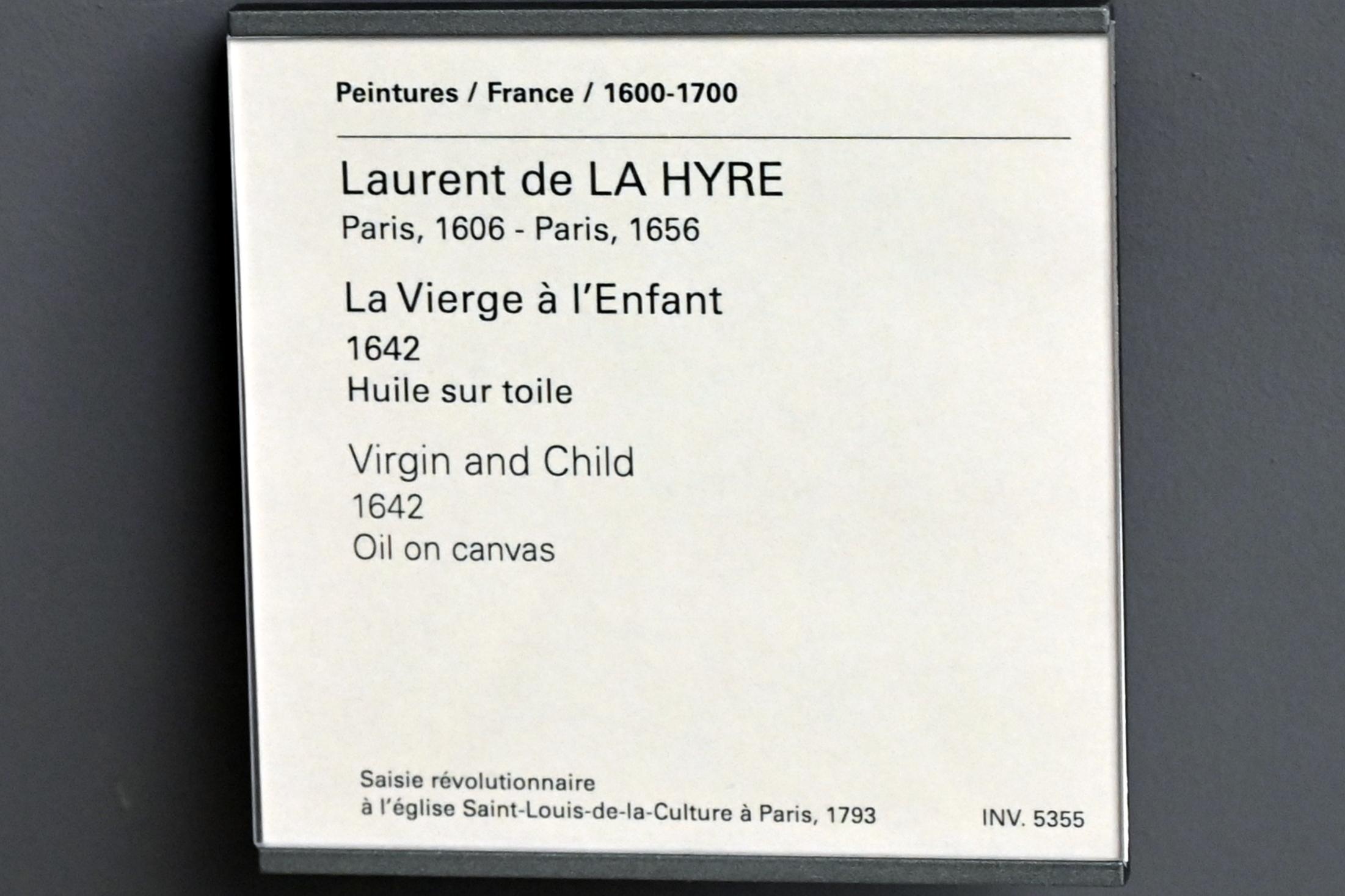 Laurent de La Hyre (1625–1653), Maria mit Kind, Paris, Kirche St-Louis-en-l’Île, jetzt Paris, Musée du Louvre, Saal 908, 1642, Bild 2/2