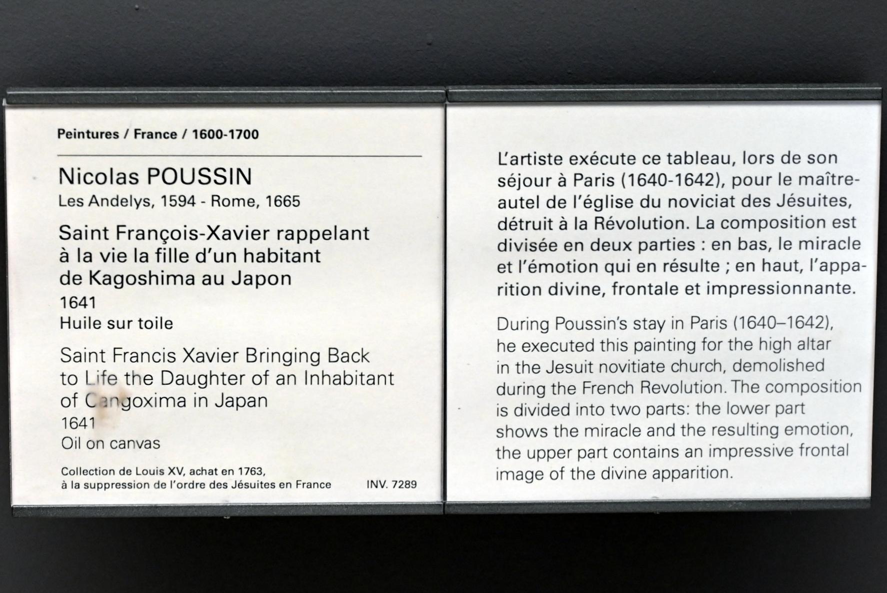 Nicolas Poussin (1624–1663), Der heilige Franz Xaver erweckt die Tochter eines Einwohners von Kagoshima in Japan im Jahr 1641 zum Leben, Paris, ehem. Ausbildungshaus der Jesuitennovizen, jetzt Paris, Musée du Louvre, Saal 908, 1641, Bild 2/2