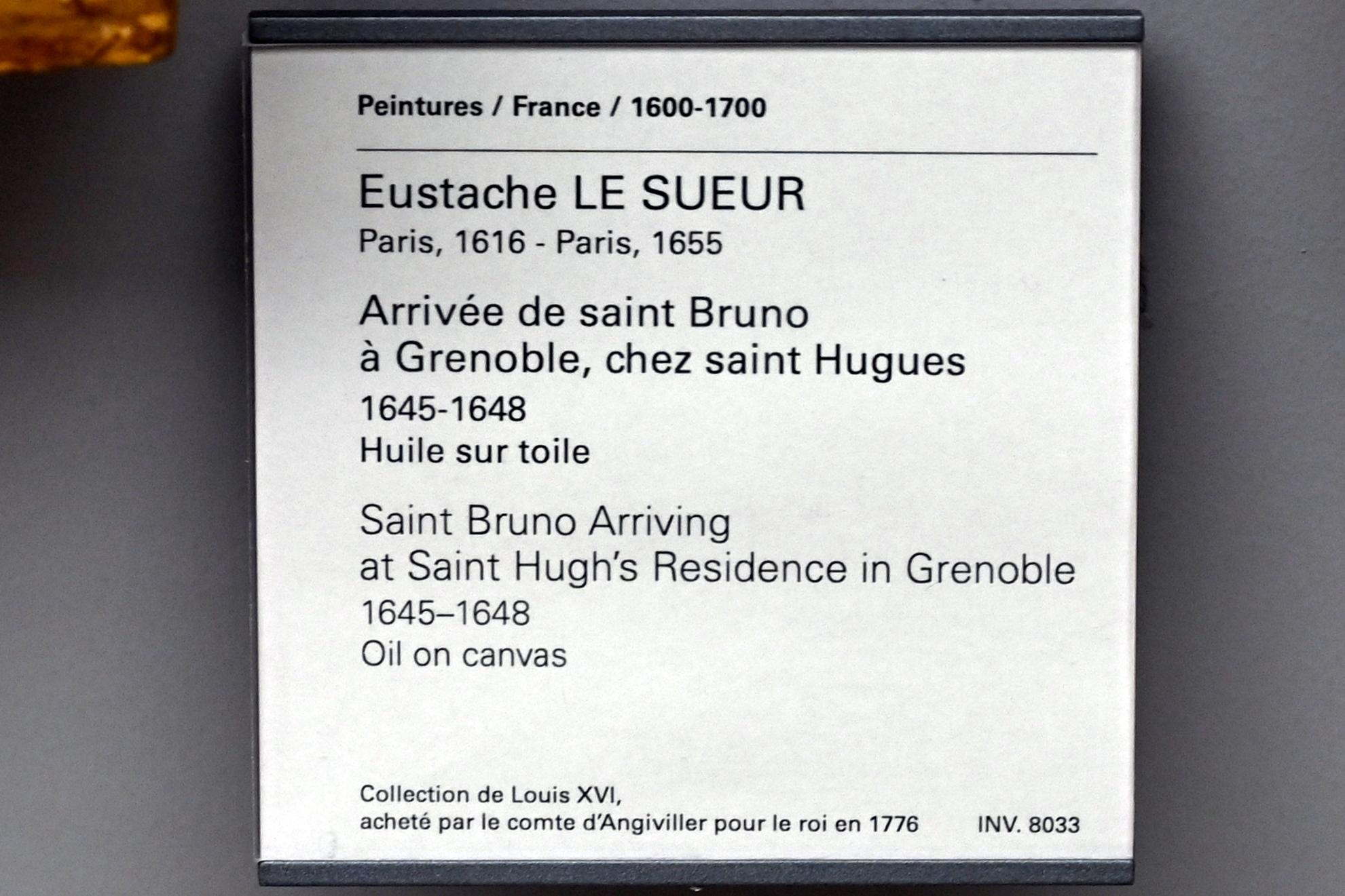Eustache Le Sueur (1640–1654), Ankunft des Heiligen Bruno in der Residenz des Heiligen Hugo in Grenoble, Paris, Musée du Louvre, Saal 910, 1645–1648, Bild 2/2