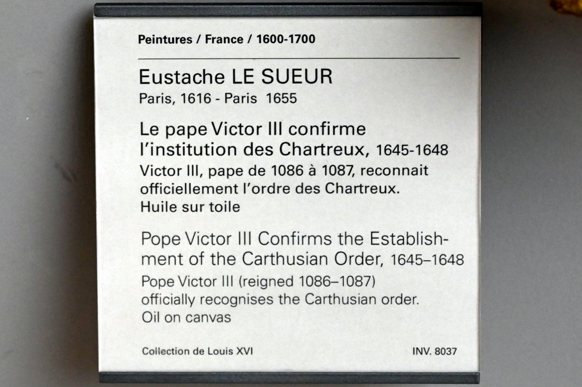 Eustache Le Sueur (1640–1654), Bestätigung der Ordensregel der Kartäuser durch Papst Viktor III., Paris, Musée du Louvre, Saal 910, 1645–1648, Bild 2/2