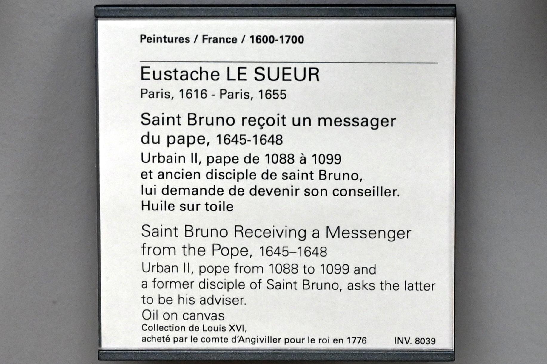 Eustache Le Sueur (1640–1654), Der heilige Bruno empfängt einen päpstlichen Boten, Paris, Musée du Louvre, Saal 910, 1645–1648, Bild 2/2