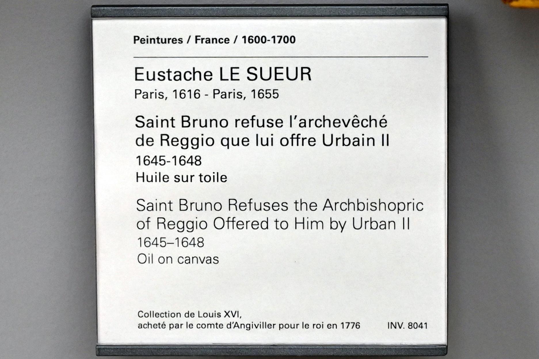 Eustache Le Sueur (1640–1654), Der heilige Bruno lehnt das ihm von Urban II. angebotene Erzbistum Reggio ab, Paris, Musée du Louvre, Saal 910, 1645–1648, Bild 2/2