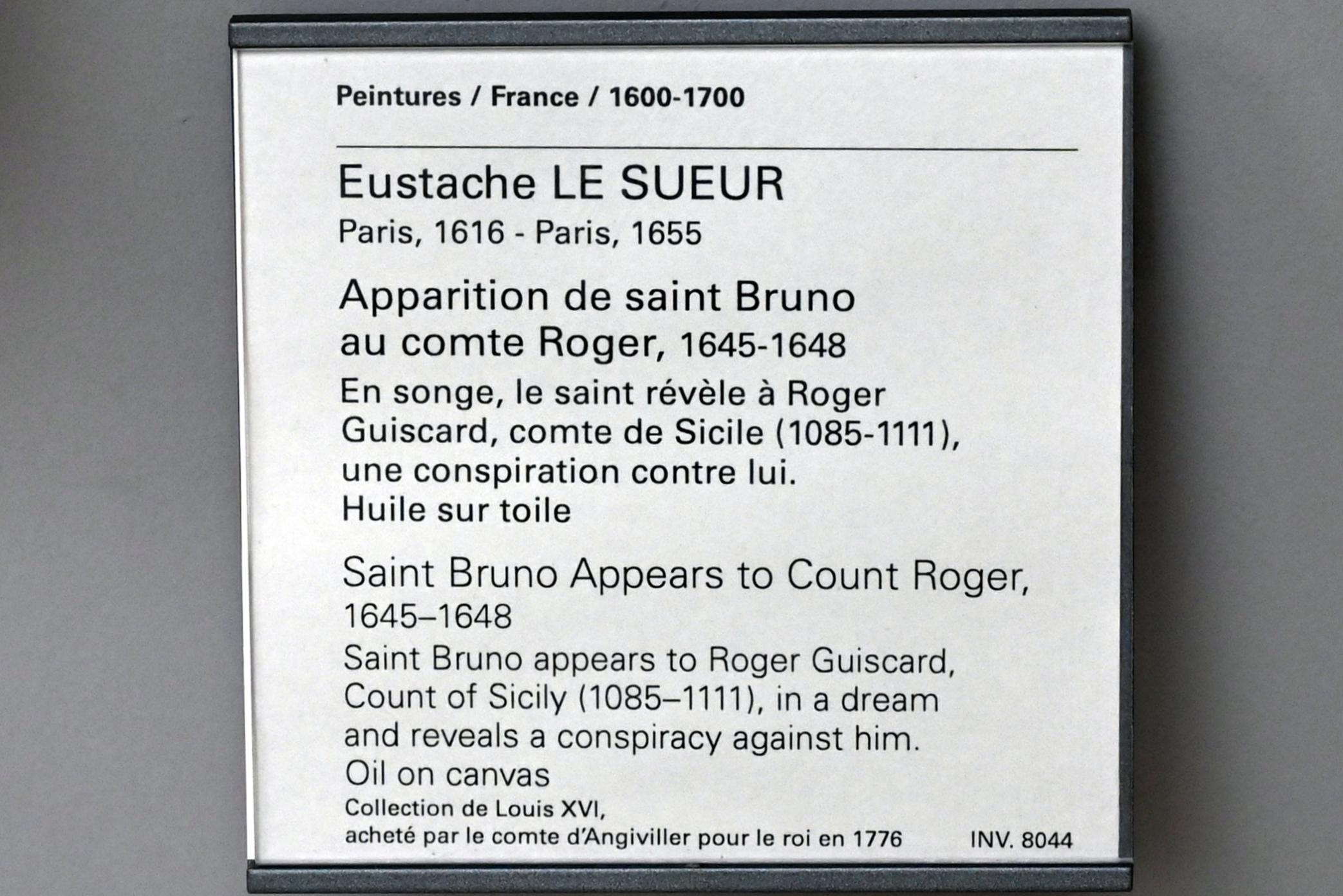 Eustache Le Sueur (1640–1654), Der heilige Bruno erscheint dem Grafen Roger, Paris, Musée du Louvre, Saal 910, 1645–1648, Bild 2/2