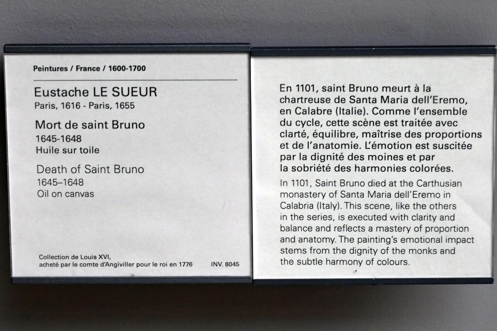 Eustache Le Sueur (1640–1654), Tod des Heiligen Bruno, Paris, Musée du Louvre, Saal 910, 1645–1648, Bild 2/2