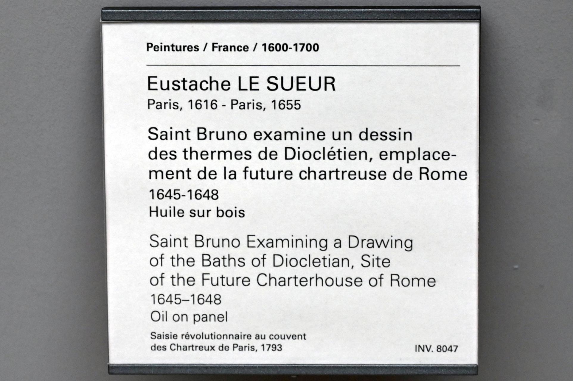 Eustache Le Sueur (1640–1654), Der heilige Bruno untersucht eine Zeichnung der Diokletiansthermen, Standort der zukünftigen Kartause von Rom, Paris, Musée du Louvre, Saal 910, 1645–1648, Bild 2/2
