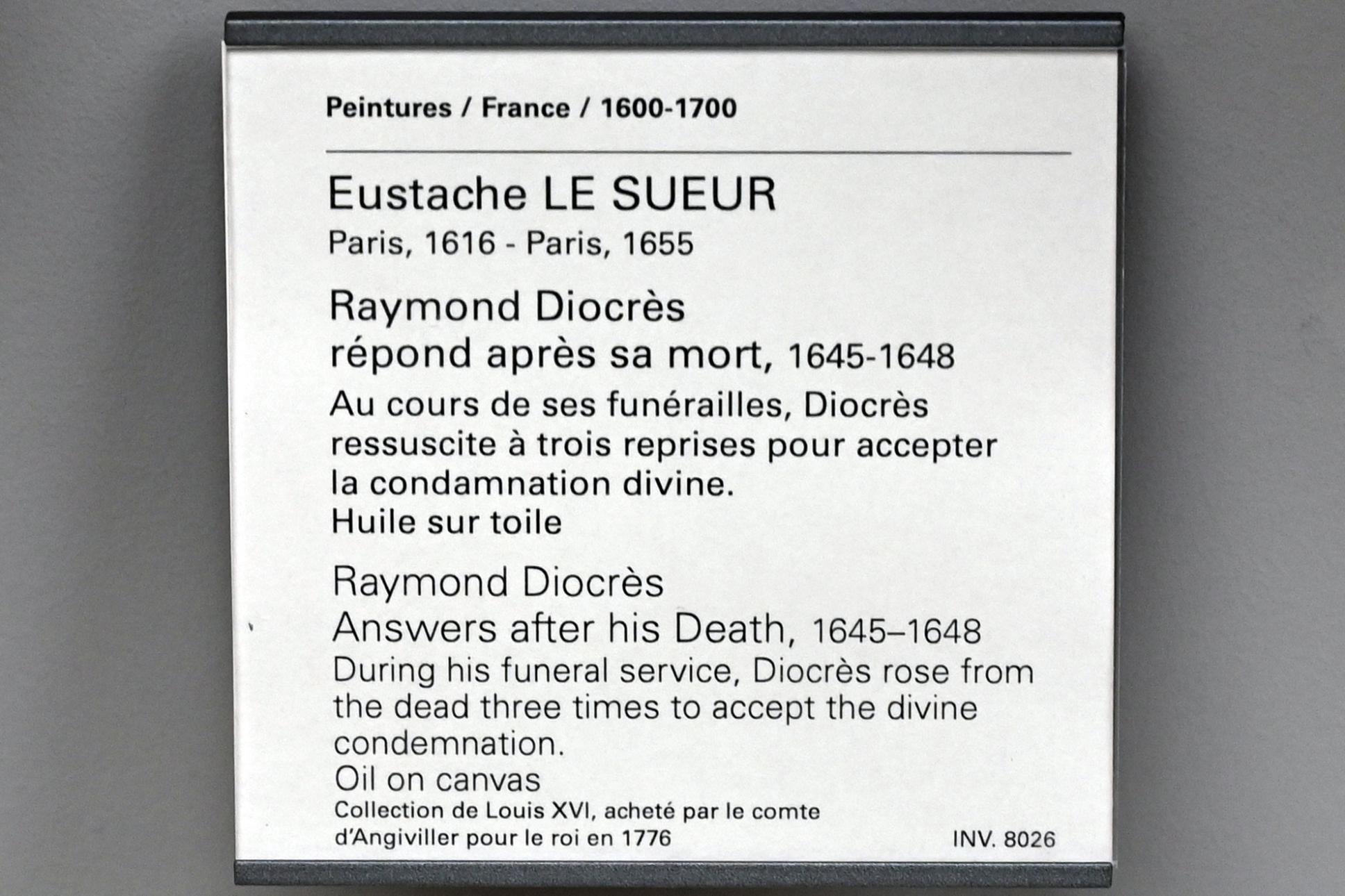 Eustache Le Sueur (1640–1654), Raymond Diocrès antwortet nach seinem Tod, Paris, Musée du Louvre, Saal 910, 1645–1648, Bild 2/2