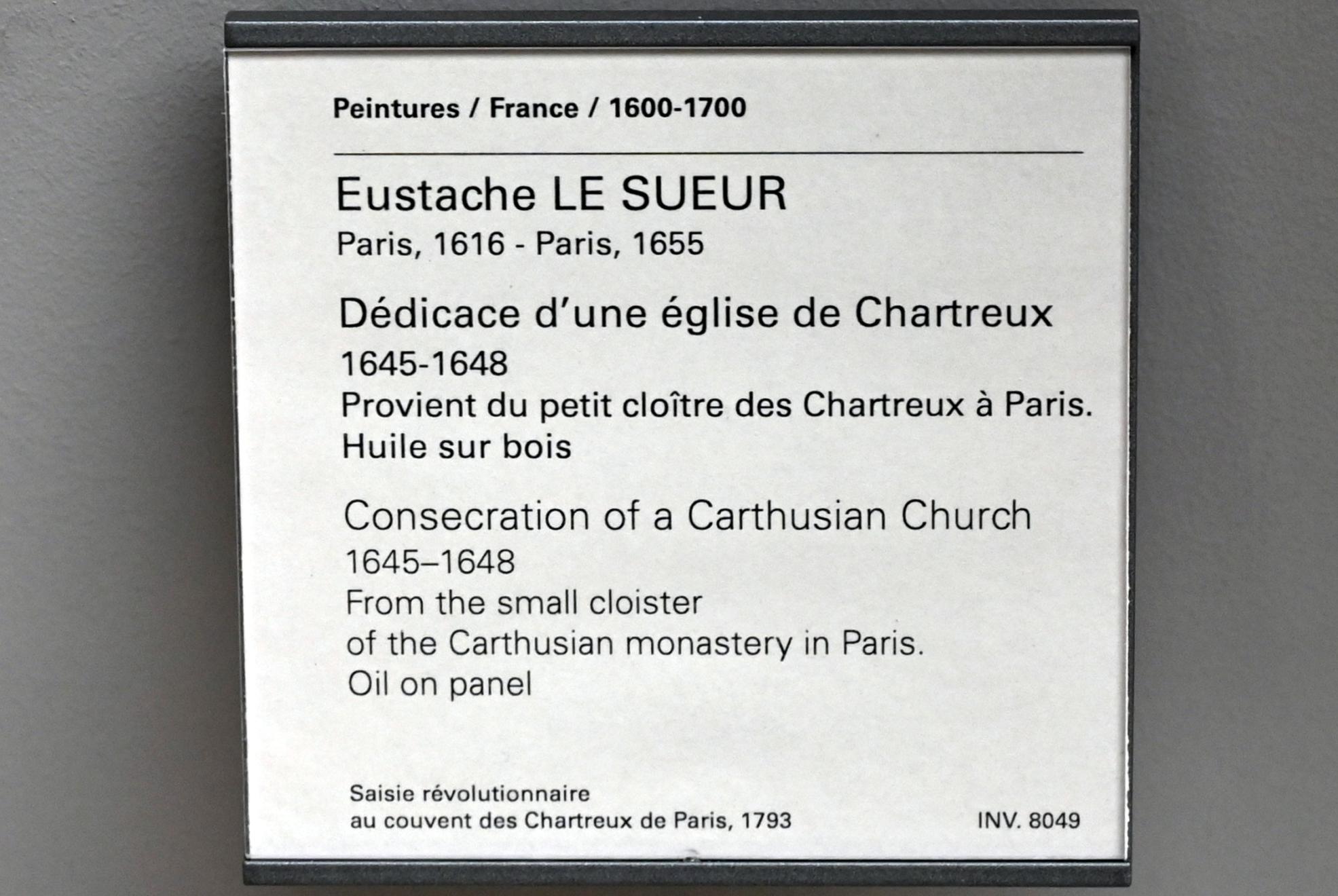 Eustache Le Sueur (1640–1654), Weihe einer Kartäuserkirche, Paris, Kartäuserkloster Chartreuse de Vauvert, jetzt Paris, Musée du Louvre, Saal 910, 1645–1648, Bild 2/2