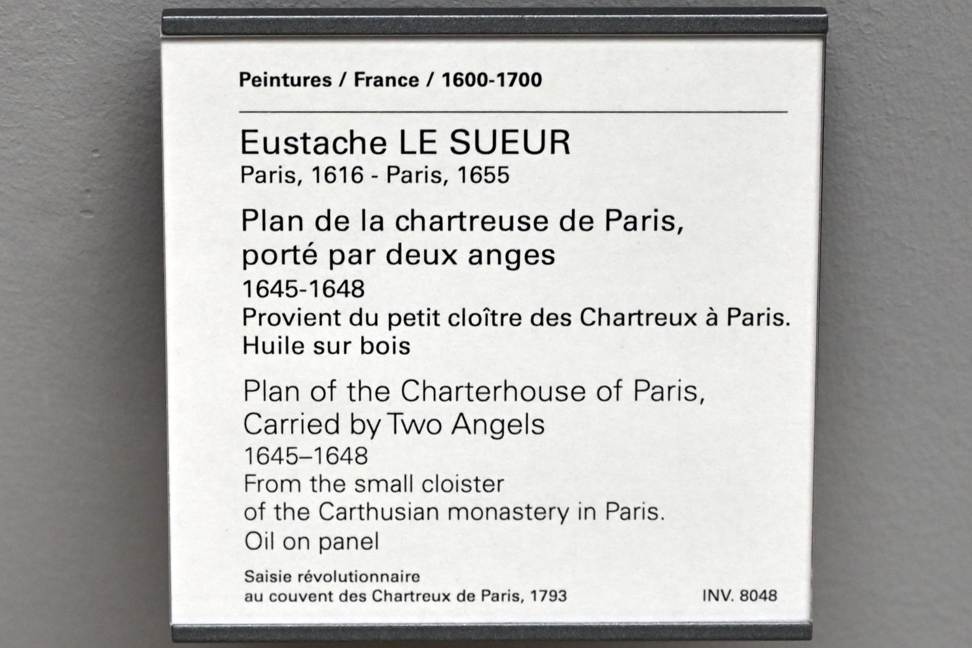 Eustache Le Sueur (1640–1654), Plan der Kartause von Paris, getragen von zwei Engeln, Paris, Kartäuserkloster Chartreuse de Vauvert, jetzt Paris, Musée du Louvre, Saal 910, 1645–1648, Bild 2/2
