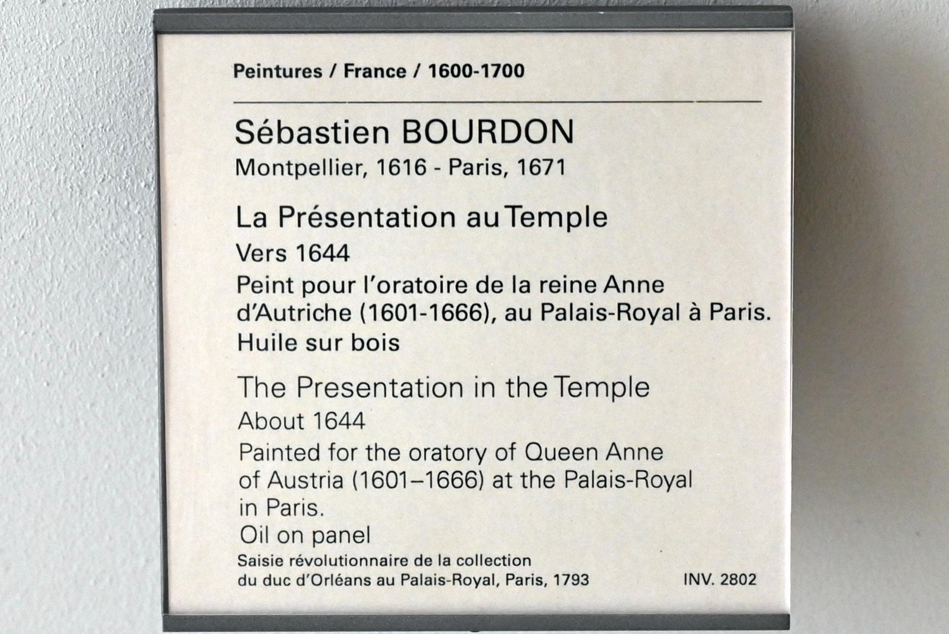 Sébastien Bourdon (1637–1667), Darstellung des Herrn, Paris, Palais Cardinal (heute Palais Royal), jetzt Paris, Musée du Louvre, Saal 911, um 1644, Bild 2/2