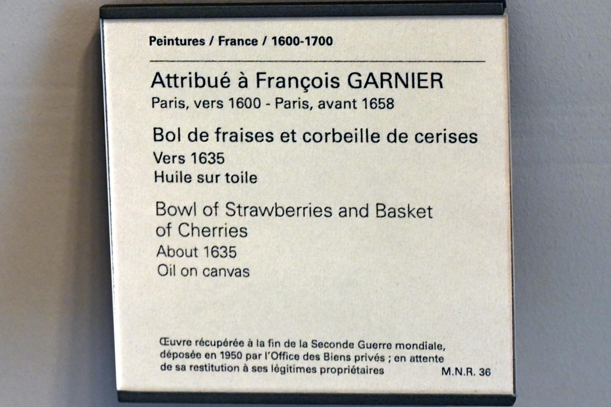 François Garnier (1635–1644), Schüssel mit Erdbeeren und Korb mit Kirschen, Paris, Musée du Louvre, Saal 911, um 1635, Bild 2/2