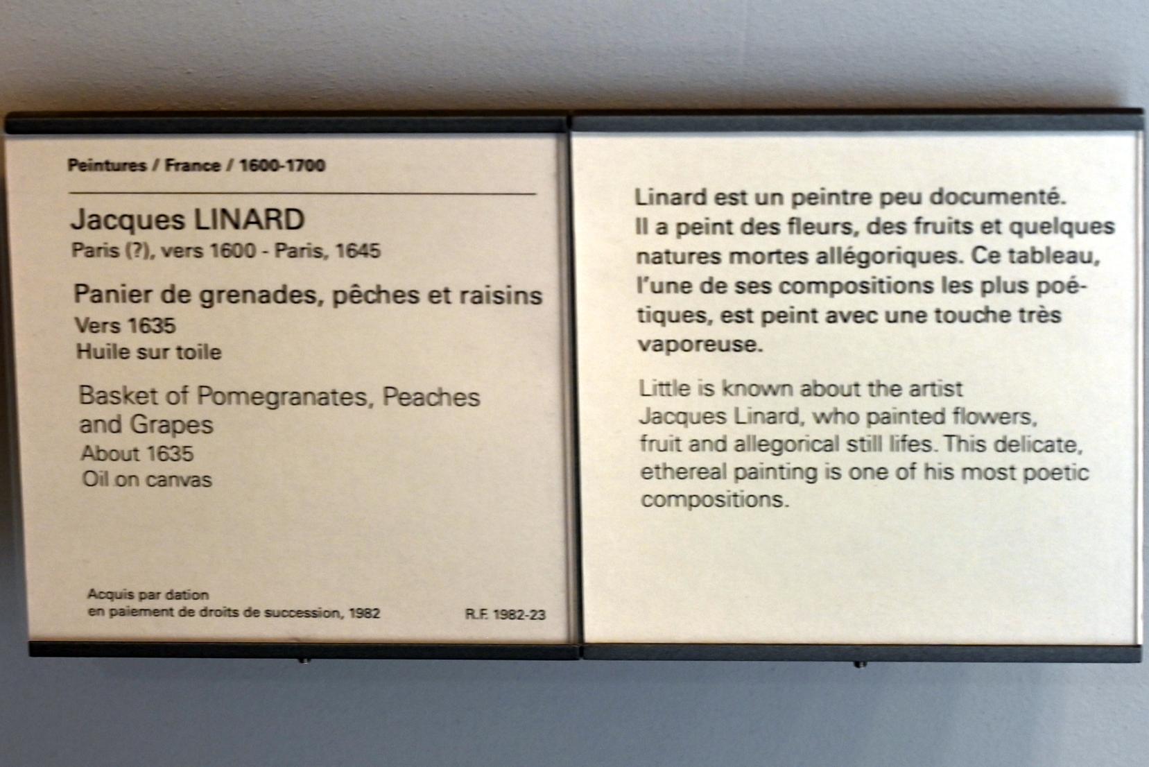 Jacques Linard (1635–1640), Korb mit Granatäpfeln, Pfirsichen und Weintrauben, Paris, Musée du Louvre, Saal 911, um 1635, Bild 2/2
