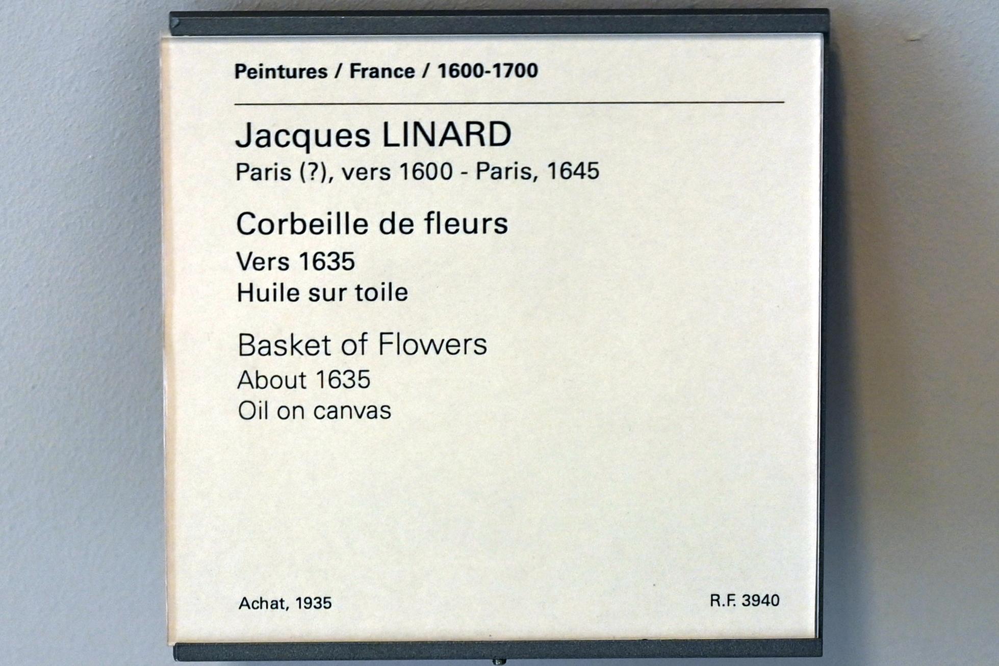 Jacques Linard (1635–1640), Blumenkorb, Paris, Musée du Louvre, Saal 911, um 1635, Bild 2/2