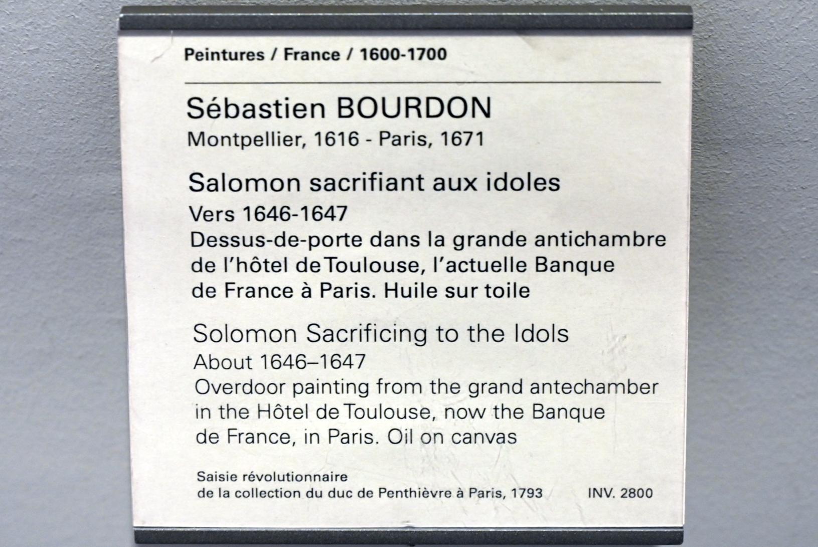 Sébastien Bourdon (1637–1667), Salomo opfert den Götzen, Paris, Hôtel de Toulouse, jetzt Paris, Musée du Louvre, Saal 911, um 1646–1647, Bild 2/2