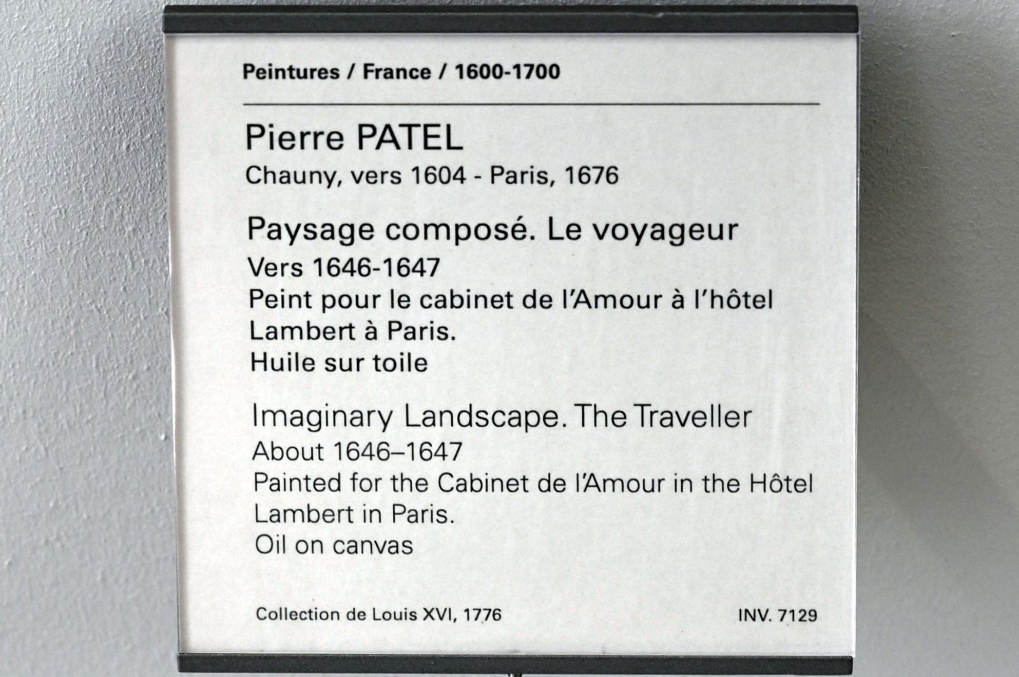 Pierre Patel (1646–1652), Reisender in einer imaginären Landschaft, Paris, Hôtel Lambert, jetzt Paris, Musée du Louvre, Saal 911, um 1646–1647, Bild 2/2