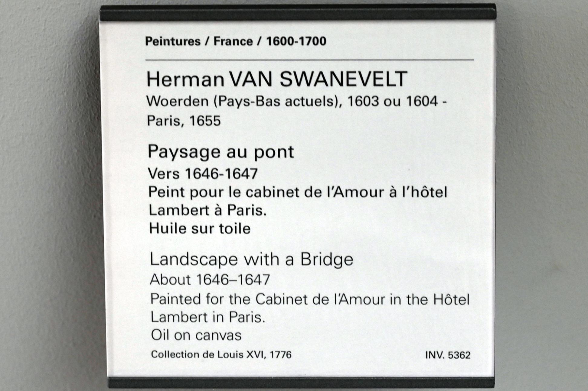 Herman van Swanevelt (1646–1654), Landschaft mit Brücke, Paris, Hôtel Lambert, jetzt Paris, Musée du Louvre, Saal 911, um 1646–1647, Bild 2/2