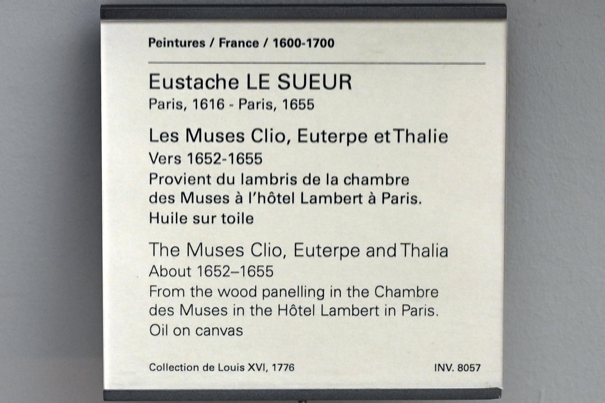 Eustache Le Sueur (1640–1654), Die Musen Klio, Euterpe und Thalia, Paris, Hôtel Lambert, jetzt Paris, Musée du Louvre, Saal 911, um 1652–1655, Bild 2/2