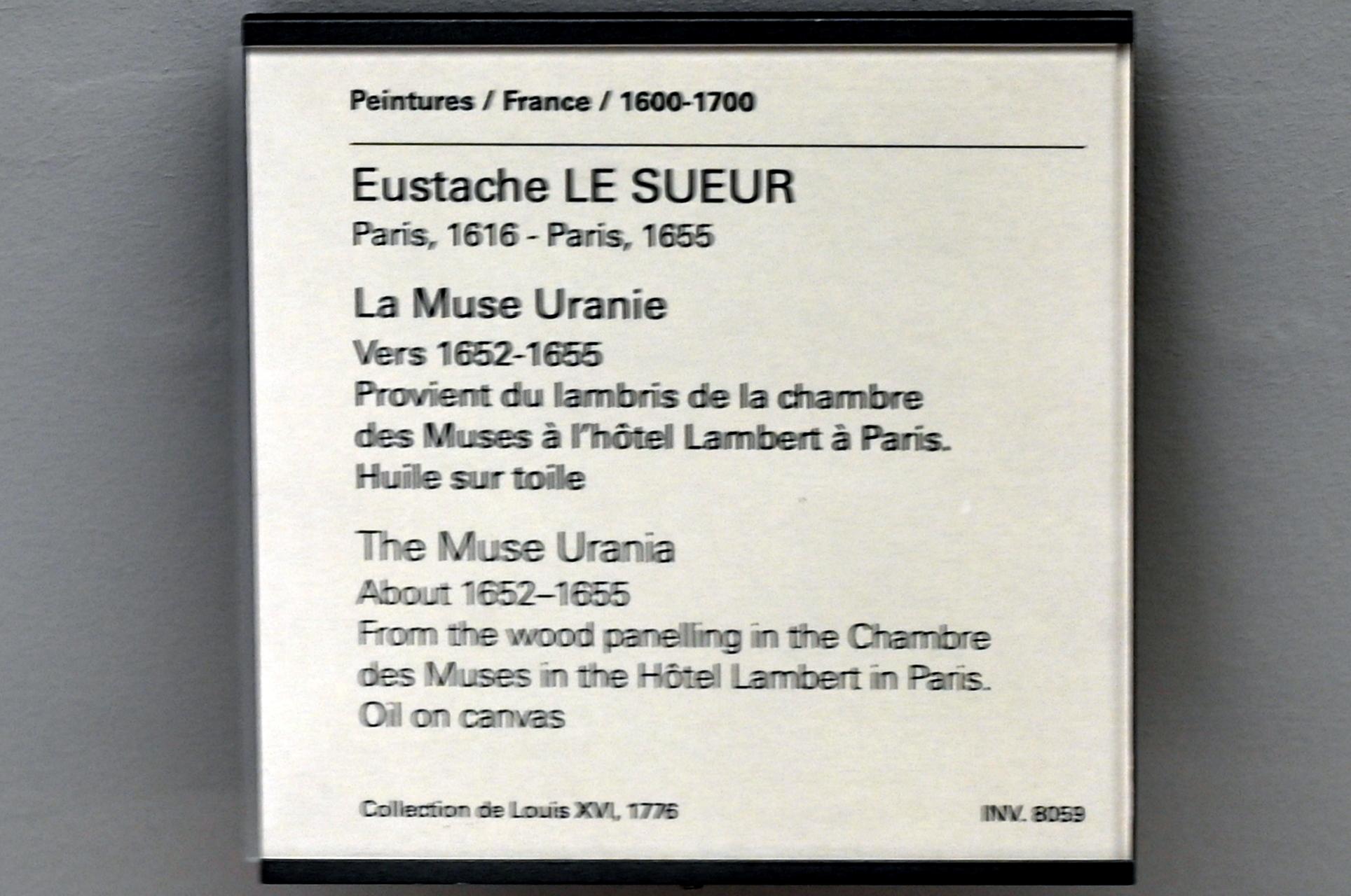 Eustache Le Sueur (1640–1654), Die Muse Urania, Paris, Hôtel Lambert, jetzt Paris, Musée du Louvre, Saal 911, um 1652–1655, Bild 2/2