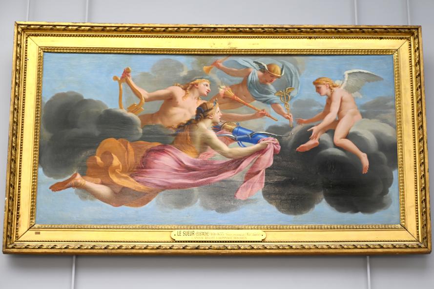 Eustache Le Sueur (1640–1654), Amor wird von Diana, Apollo und Merkur gehuldigt, Paris, Hôtel Lambert, jetzt Paris, Musée du Louvre, Saal 911, um 1646–1647