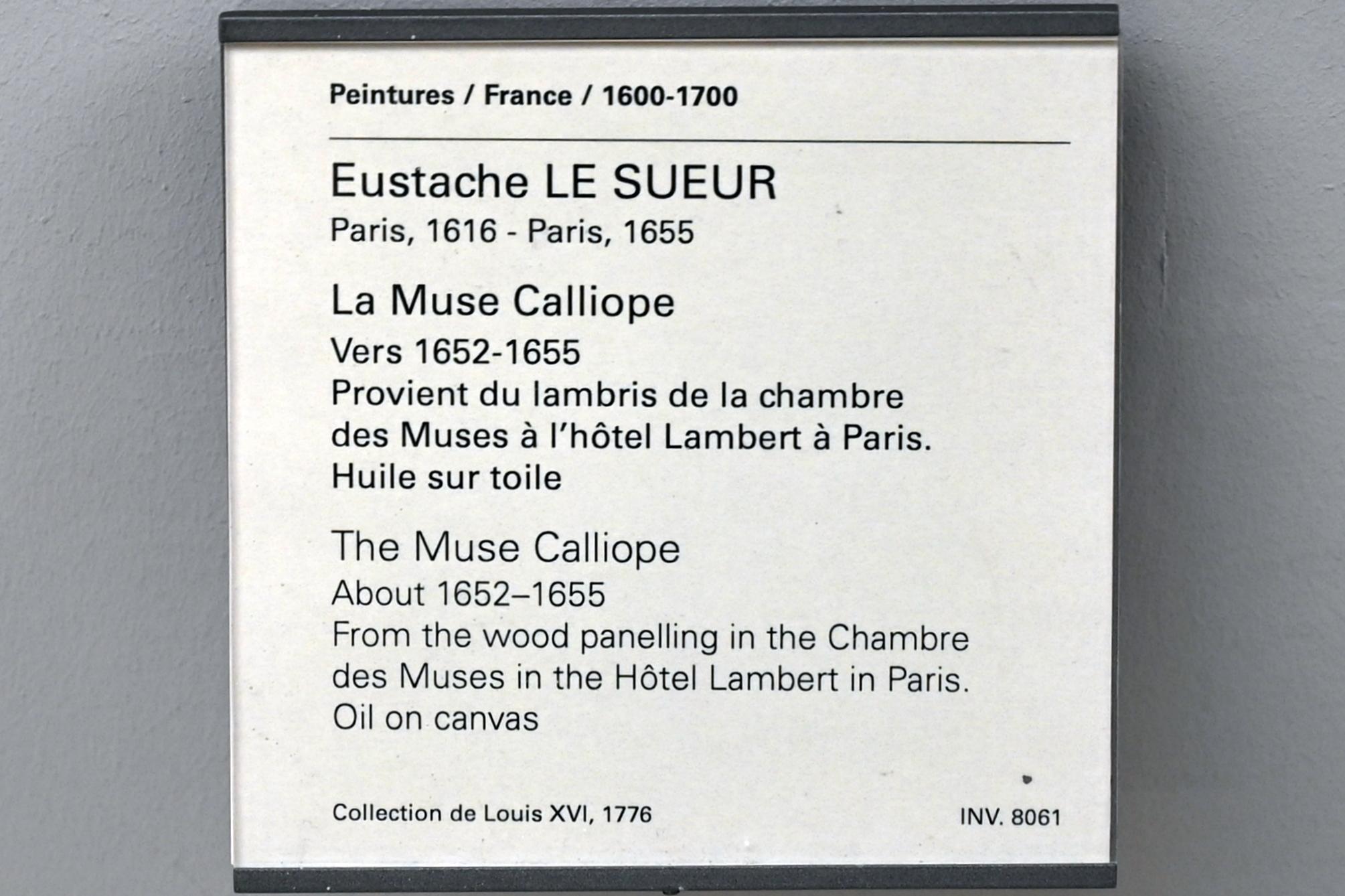 Eustache Le Sueur (1640–1654), Die Muse Kalliope, Paris, Hôtel Lambert, jetzt Paris, Musée du Louvre, Saal 911, um 1652–1655, Bild 2/2