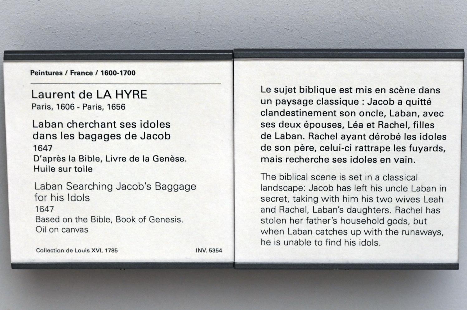Laurent de La Hyre (1625–1653), Laban sucht im Gepäck Jakobs nach seinen Götzen, Paris, Musée du Louvre, Saal 911, 1647, Bild 2/2