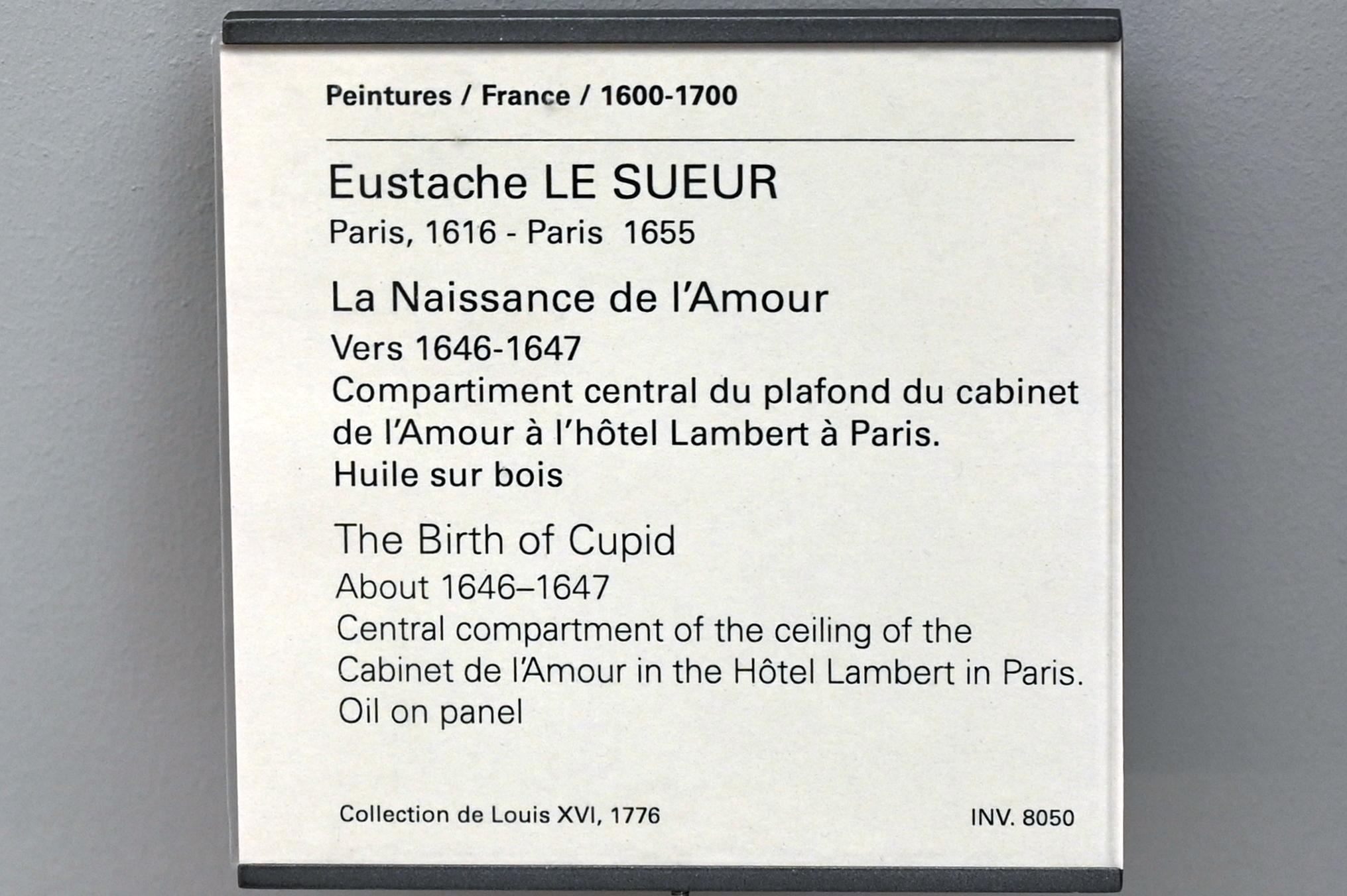 Eustache Le Sueur (1640–1654), Geburt Amors, Paris, Hôtel Lambert, jetzt Paris, Musée du Louvre, Saal 911, um 1646–1647, Bild 2/2