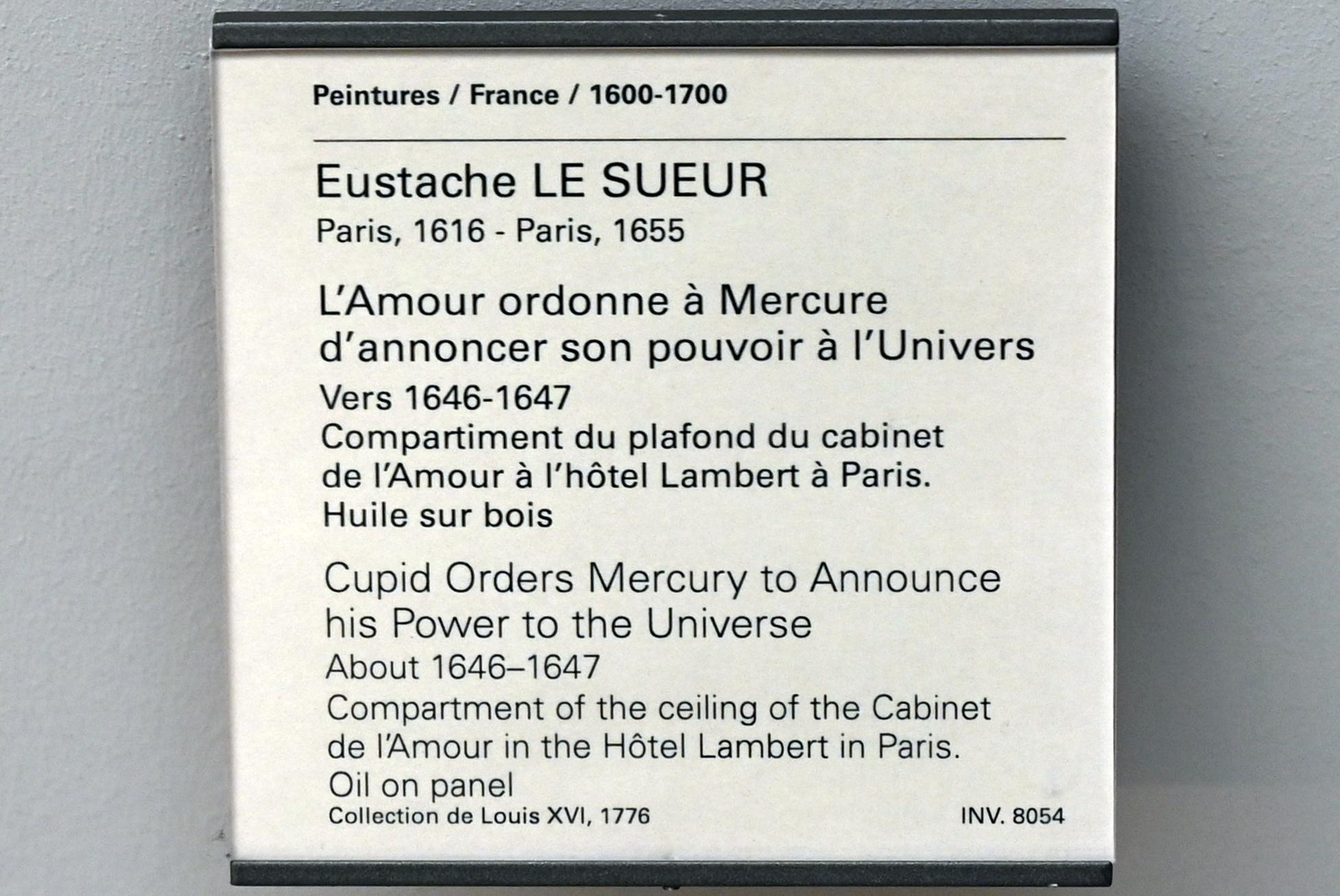 Eustache Le Sueur (1640–1654), Amor befiehlt Merkur, dem Universum seine Macht zu verkünden, Paris, Hôtel Lambert, jetzt Paris, Musée du Louvre, Saal 911, um 1646–1647, Bild 2/2