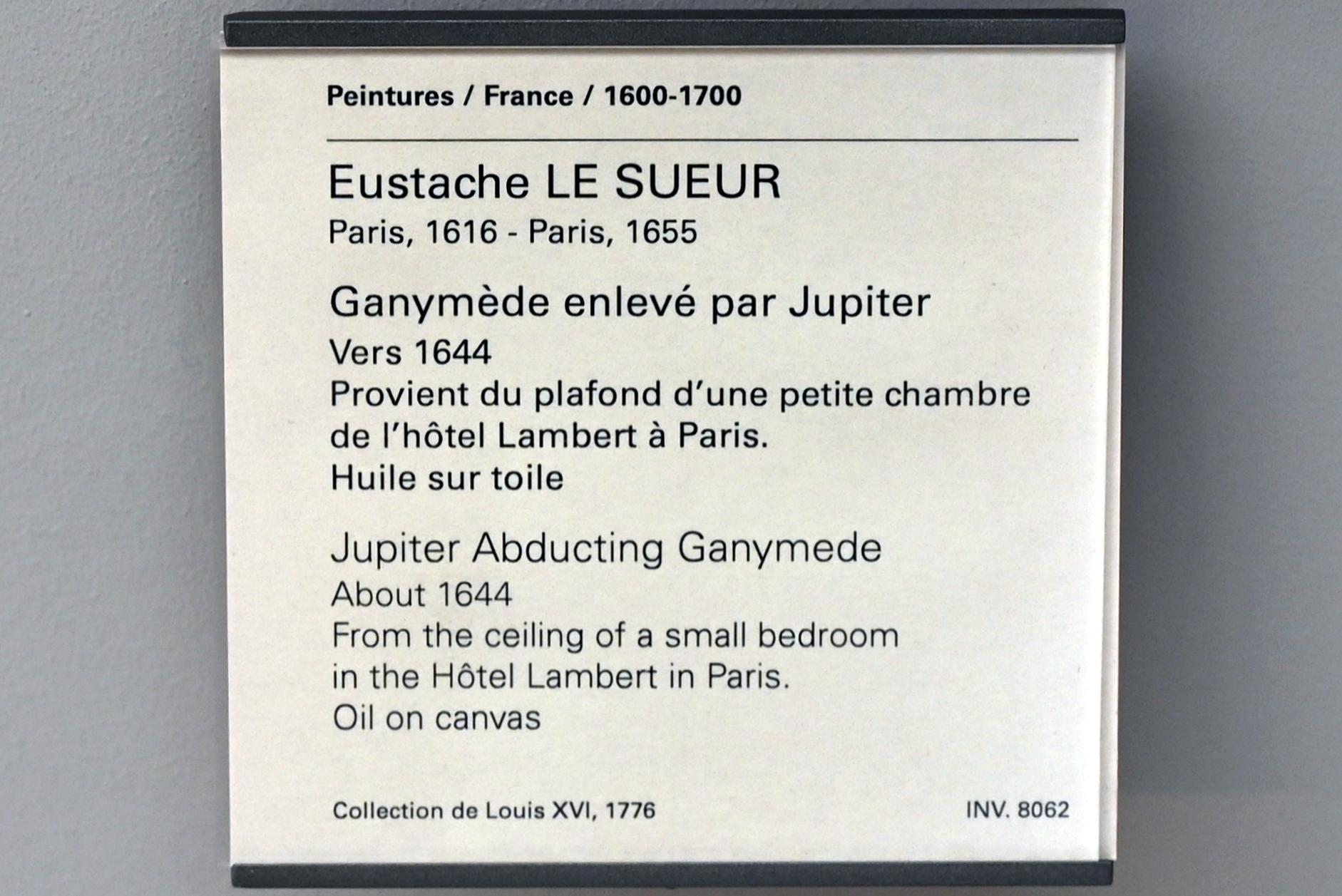 Eustache Le Sueur (1640–1654), Jupiter entführt Ganymedes, Paris, Hôtel Lambert, jetzt Paris, Musée du Louvre, Saal 911, um 1644, Bild 2/2