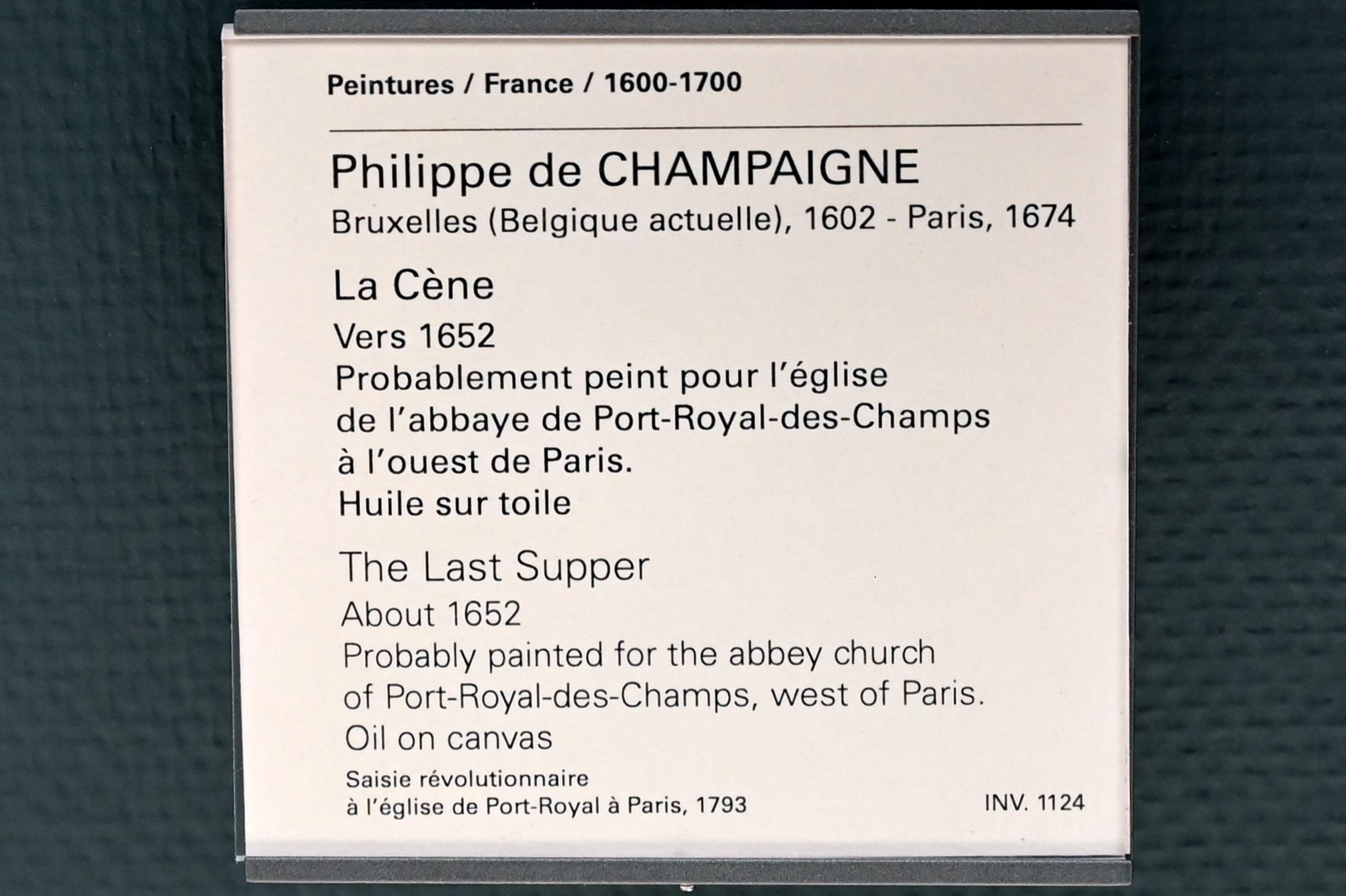Philippe de Champaigne (1629–1668), Letztes Abendmahl, Magny-les-Hameaux, ehem. Zisterzienserinnenabteil Port Royal des Champs, jetzt Paris, Musée du Louvre, Saal 913, um 1652, Bild 2/2