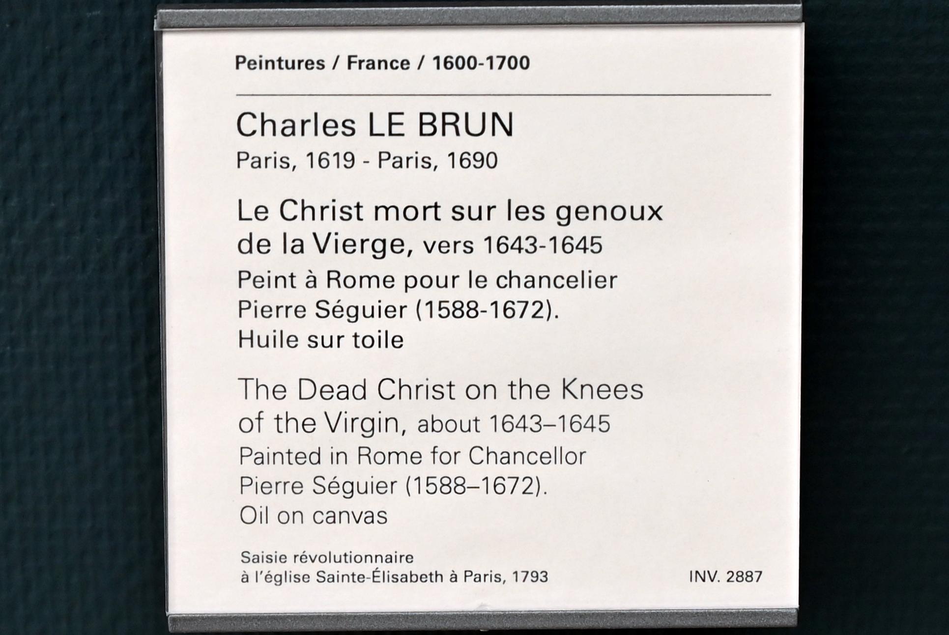 Charles Le Brun (1640–1689), Der tote Christus auf dem Schoß der Jungfrau, Paris, Musée du Louvre, Saal 913, um 1643–1645, Bild 2/2