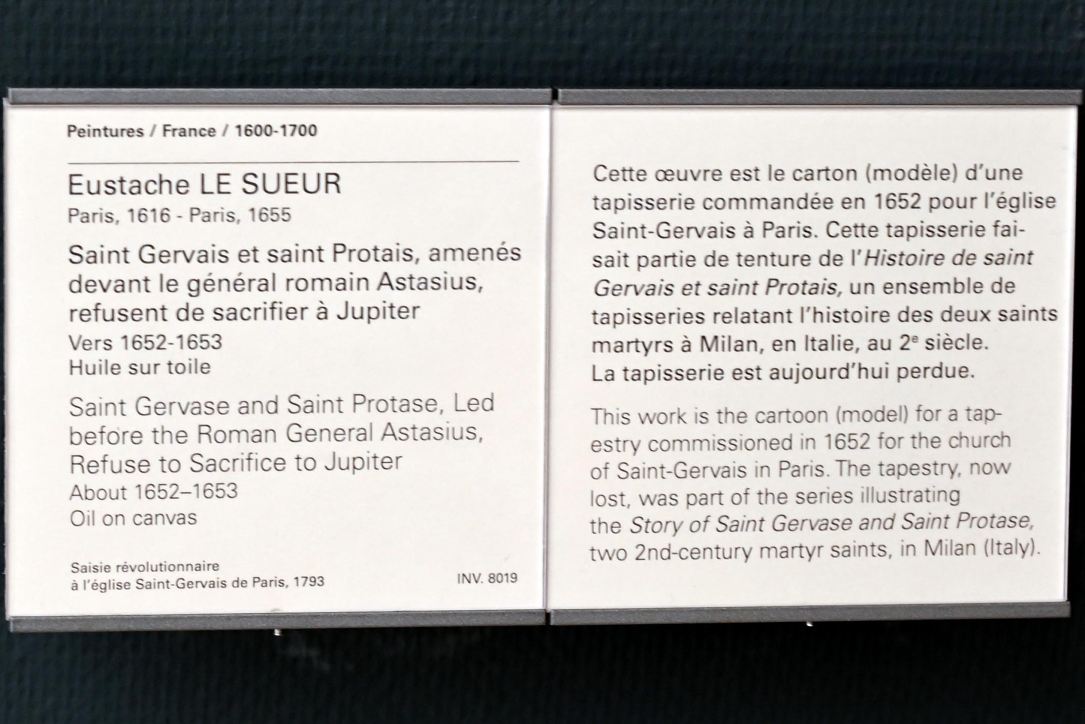 Eustache Le Sueur (1640–1654), Die Heiligen Gervasius und Protasius, die dem römischen General Astasius vorgeführt werden, weigern sich, Jupiter zu opfern., Paris, Musée du Louvre, Saal 913, um 1652–1653, Bild 2/2