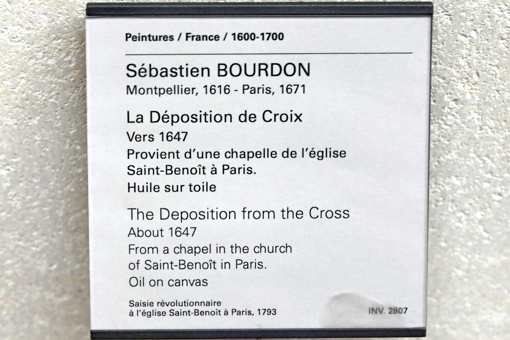 Sébastien Bourdon (1637–1667), Kreuzabnahme Christi, Paris, Musée du Louvre, Saal 913, um 1647, Bild 2/2