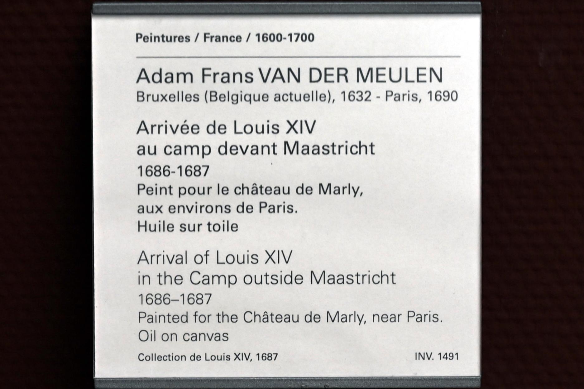 Adam Frans van der Meulen (1660–1686), Ankunft Ludwigs XIV. im Lager vor Maastricht, Marly-le-Roi, Schloss Marly-le-Roi, jetzt Paris, Musée du Louvre, Saal 914, 1686–1687, Bild 2/2