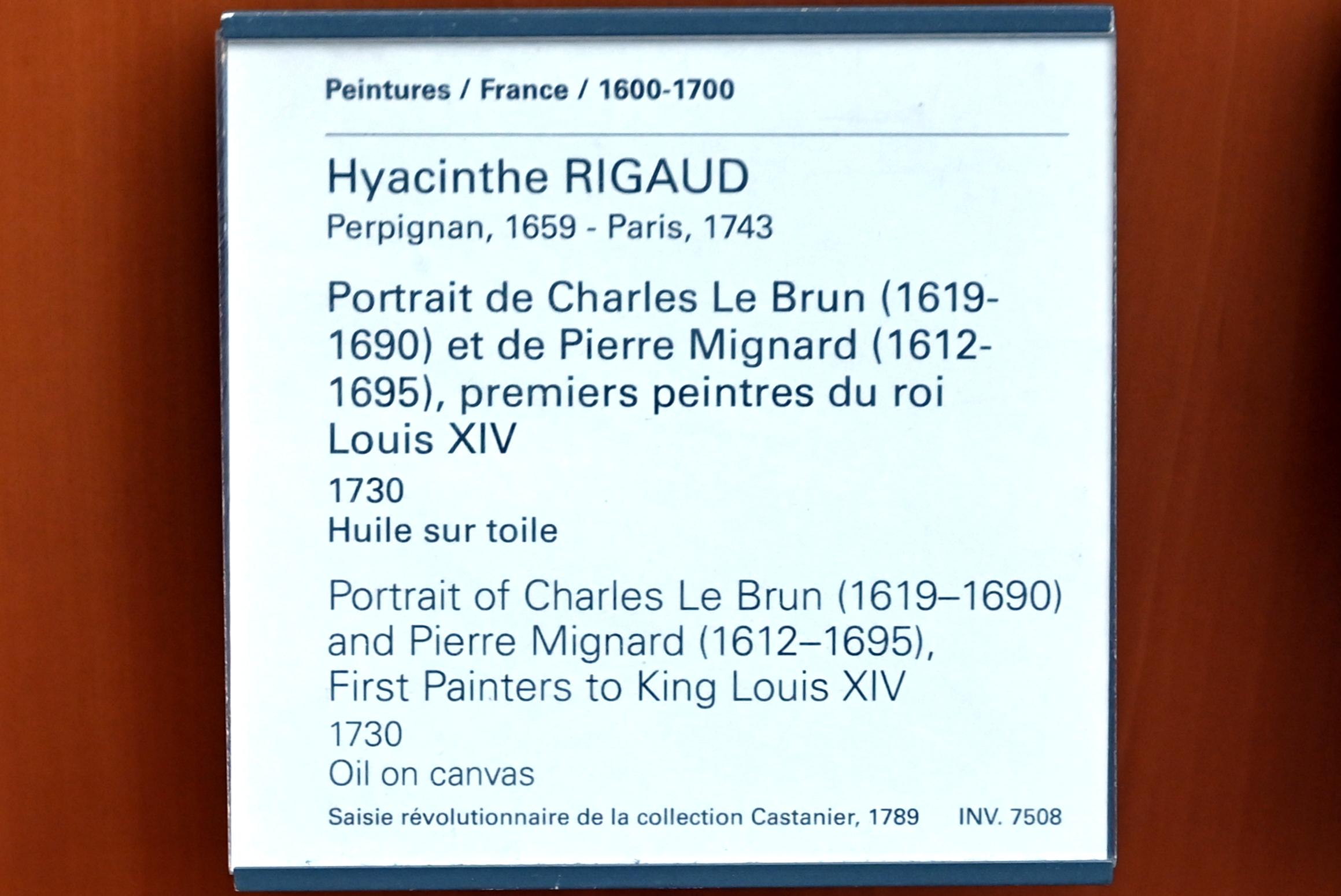 Hyacinthe Rigaud (1688–1740), Porträt des Charles le Brun (1619-1690) und des Pierre Mignard (1612-1695), erste Maler König Ludwigs XIV., Paris, Musée du Louvre, Saal 916, 1730, Bild 2/2