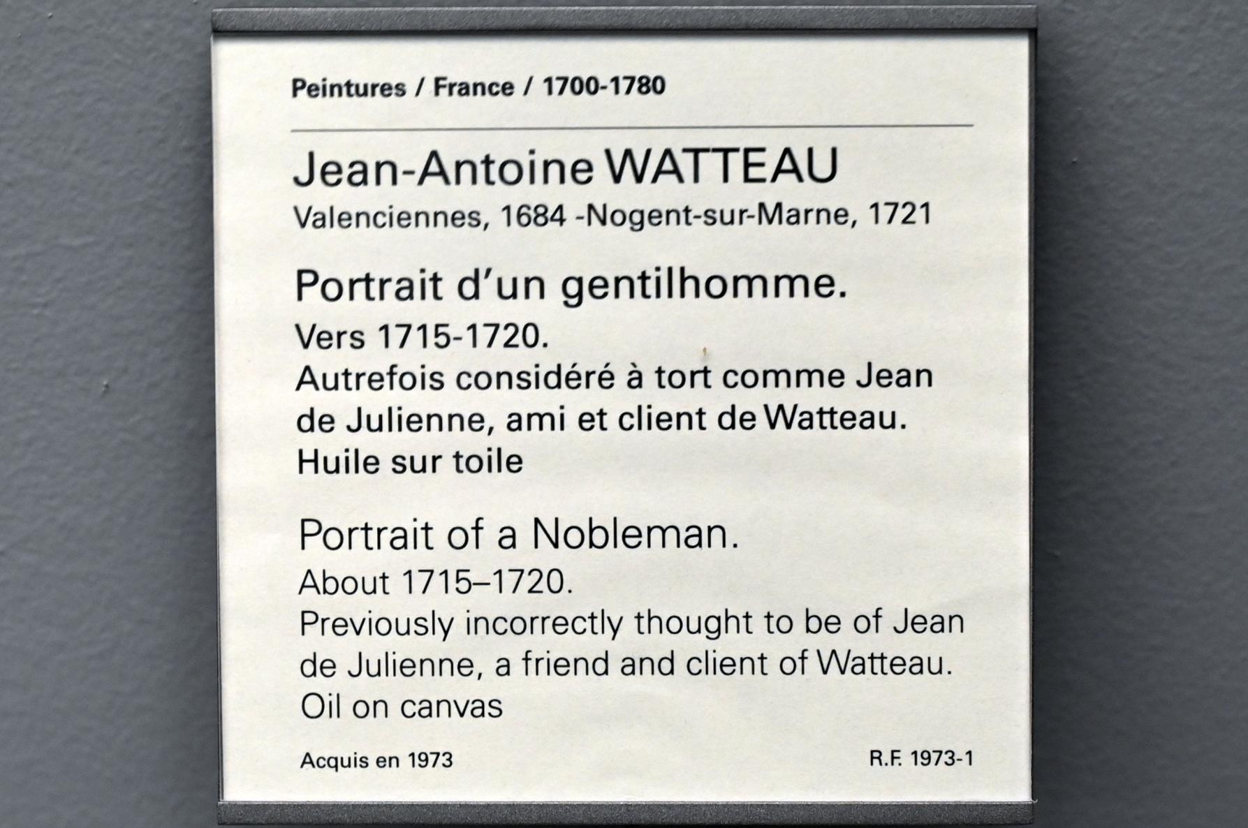 Antoine Watteau (Jean-Antoine Watteau) (1709–1720), Porträt eines Edelmannes, Paris, Musée du Louvre, Saal 917, um 1715–1720, Bild 2/2