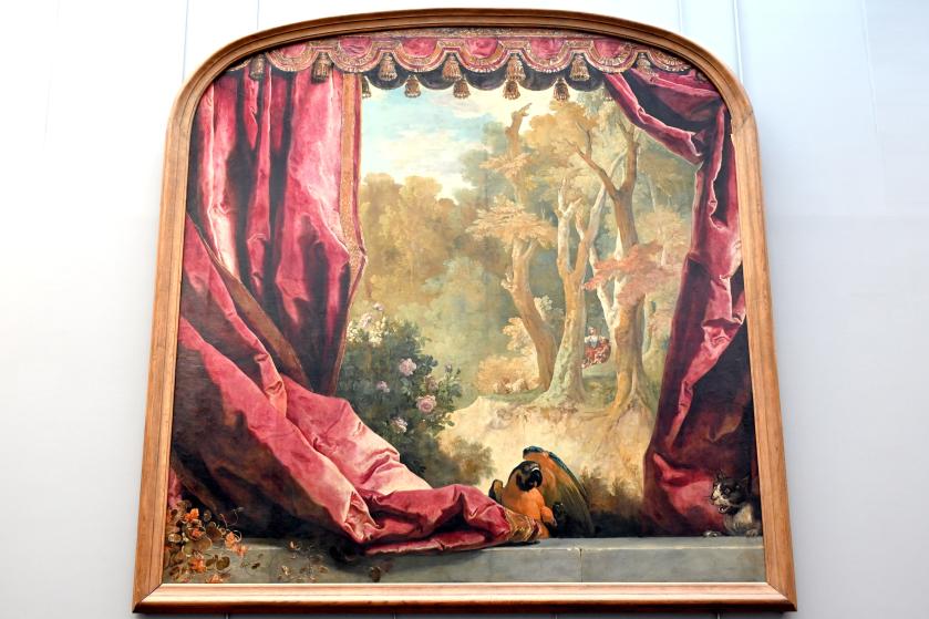 Nicolas de Largillière (1680–1730), Komposition mit Vorhängen, Landschaft und Tieren, Paris, Hotel und letztes Wohnhaus des Malers Nicolas de Largillierre in der Rue Geoffroy-l'Angevin, jetzt Paris, Musée du Louvre, Saal 917, um 1725–1730, Bild 1/2