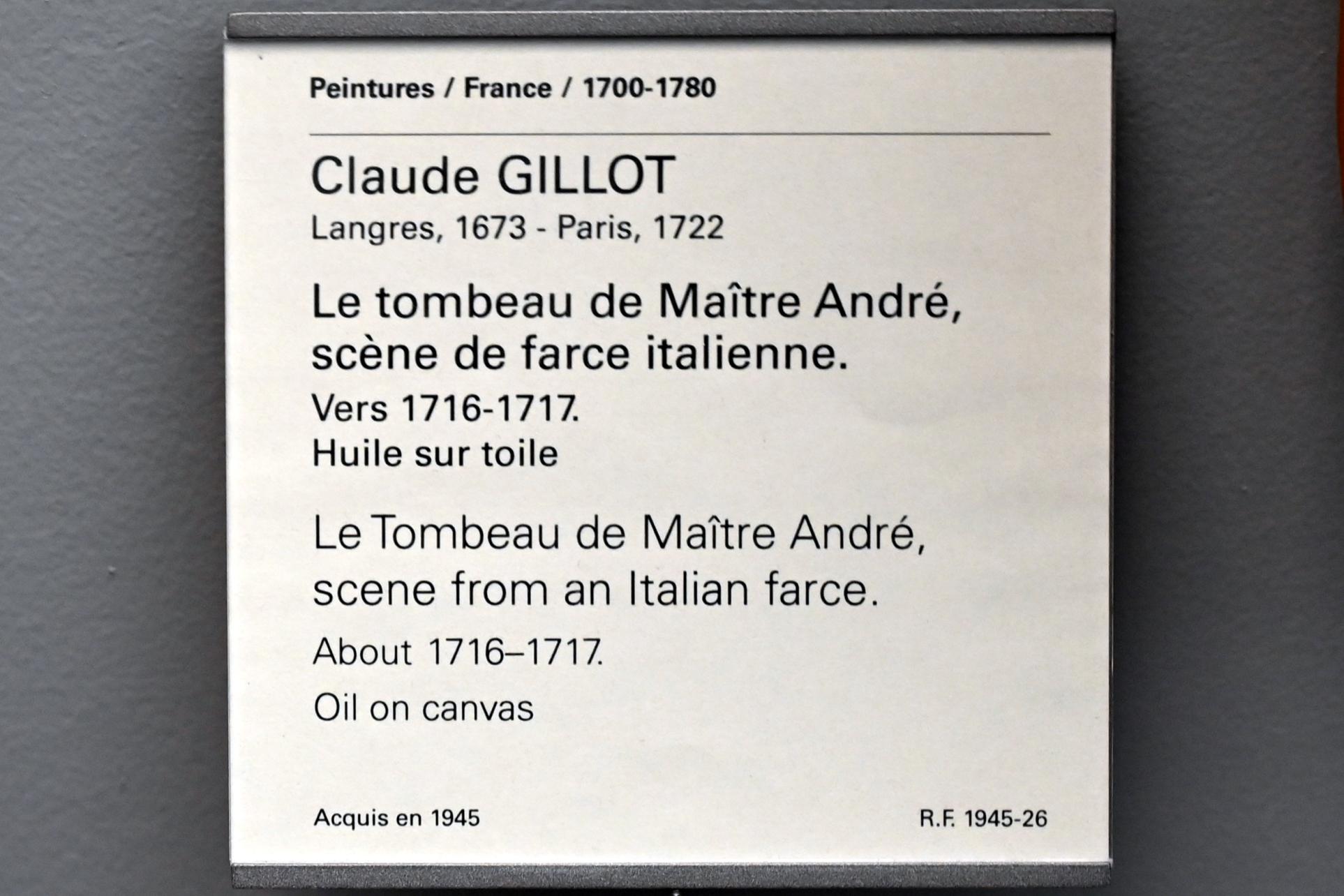 Claude Gillot (1716), Szene aus 'Le tombeau de Maître André' von Claude-Ignace Brugière de Barante, Paris, Musée du Louvre, Saal 917, um 1716–1717, Bild 2/2