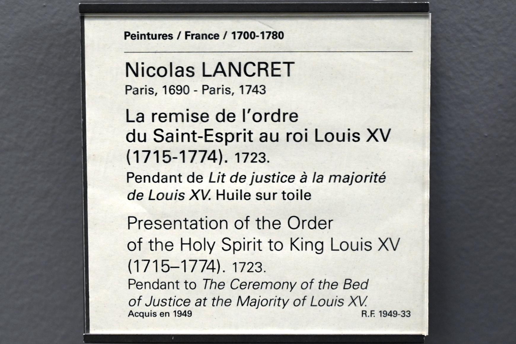 Nicolas Lancret (1723–1743), Die Verleihung des Ordens vom Heiligen Geist an König Ludwig XV. (1715-1774), Paris, Musée du Louvre, Saal 918, 1723, Bild 2/2