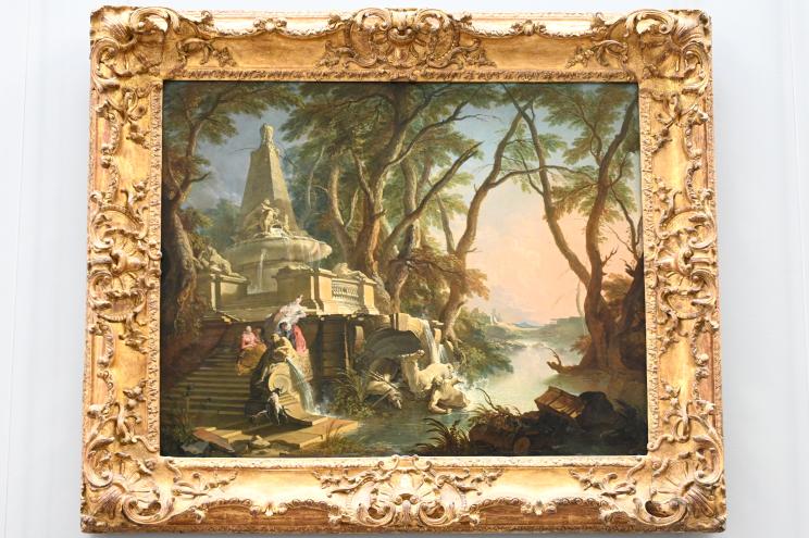 Jacques de Lajoue (1736–1737), Imaginäre Landschaft (Landschaft mit einem Brunnen und einer zerbrochenen Neptunstatue), Paris, Musée du Louvre, Saal 918, um 1736, Bild 1/2